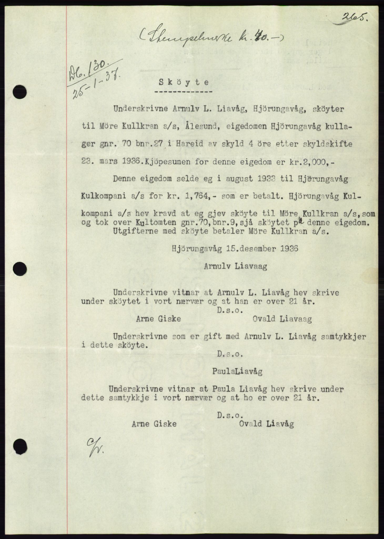 Søre Sunnmøre sorenskriveri, AV/SAT-A-4122/1/2/2C/L0062: Mortgage book no. 56, 1936-1937, Diary no: : 130/1937
