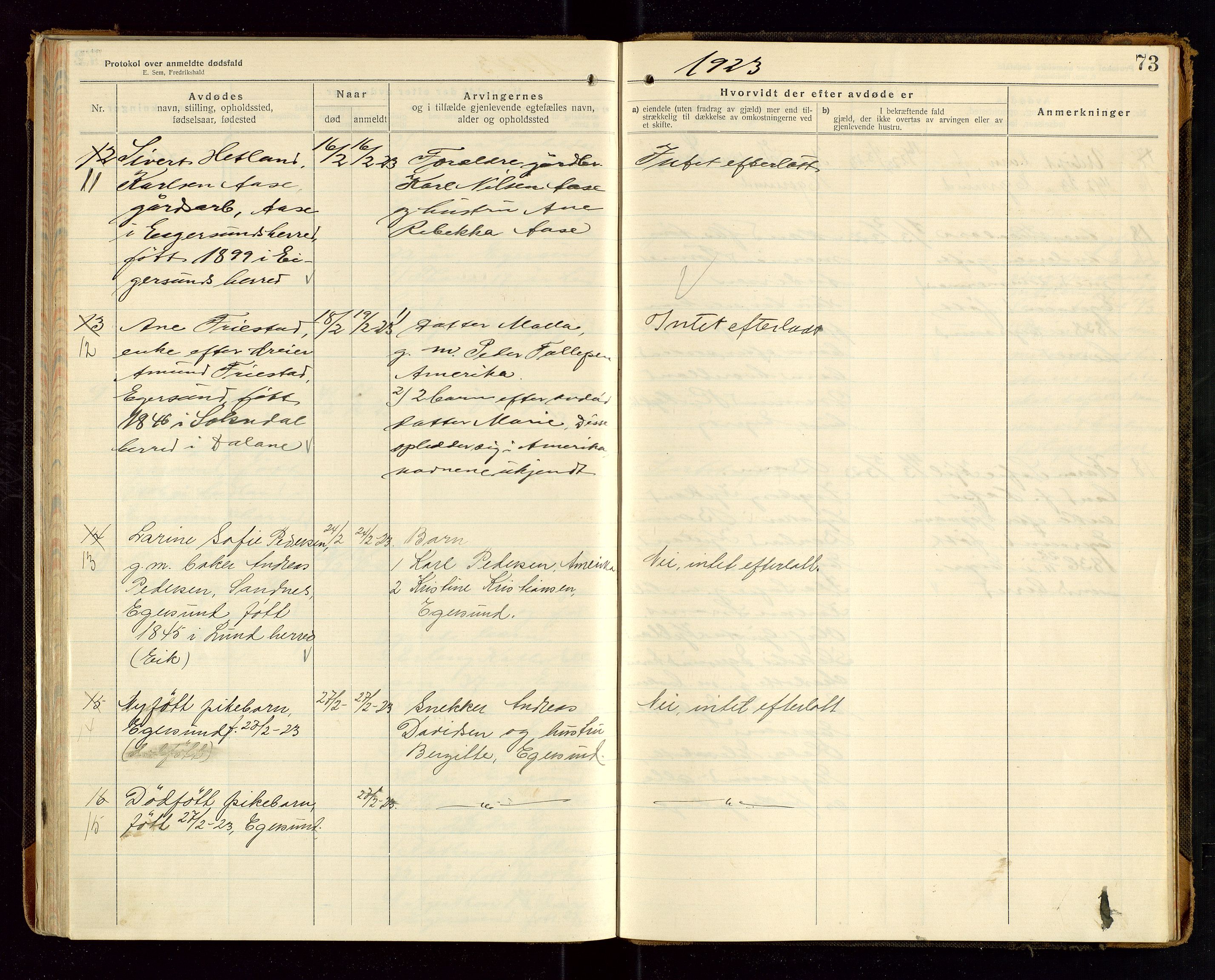 Eigersund lensmannskontor, SAST/A-100171/Gga/L0008: "Protokol over anmeldte dødsfald" m/alfabetisk navneregister, 1920-1922, p. 73