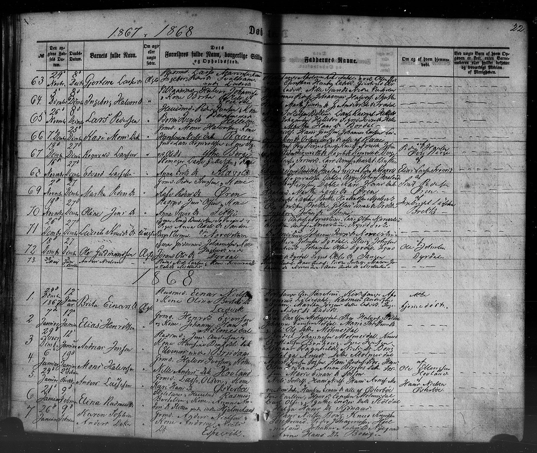 Lavik sokneprestembete, SAB/A-80901: Parish register (official) no. A 4, 1864-1881, p. 22
