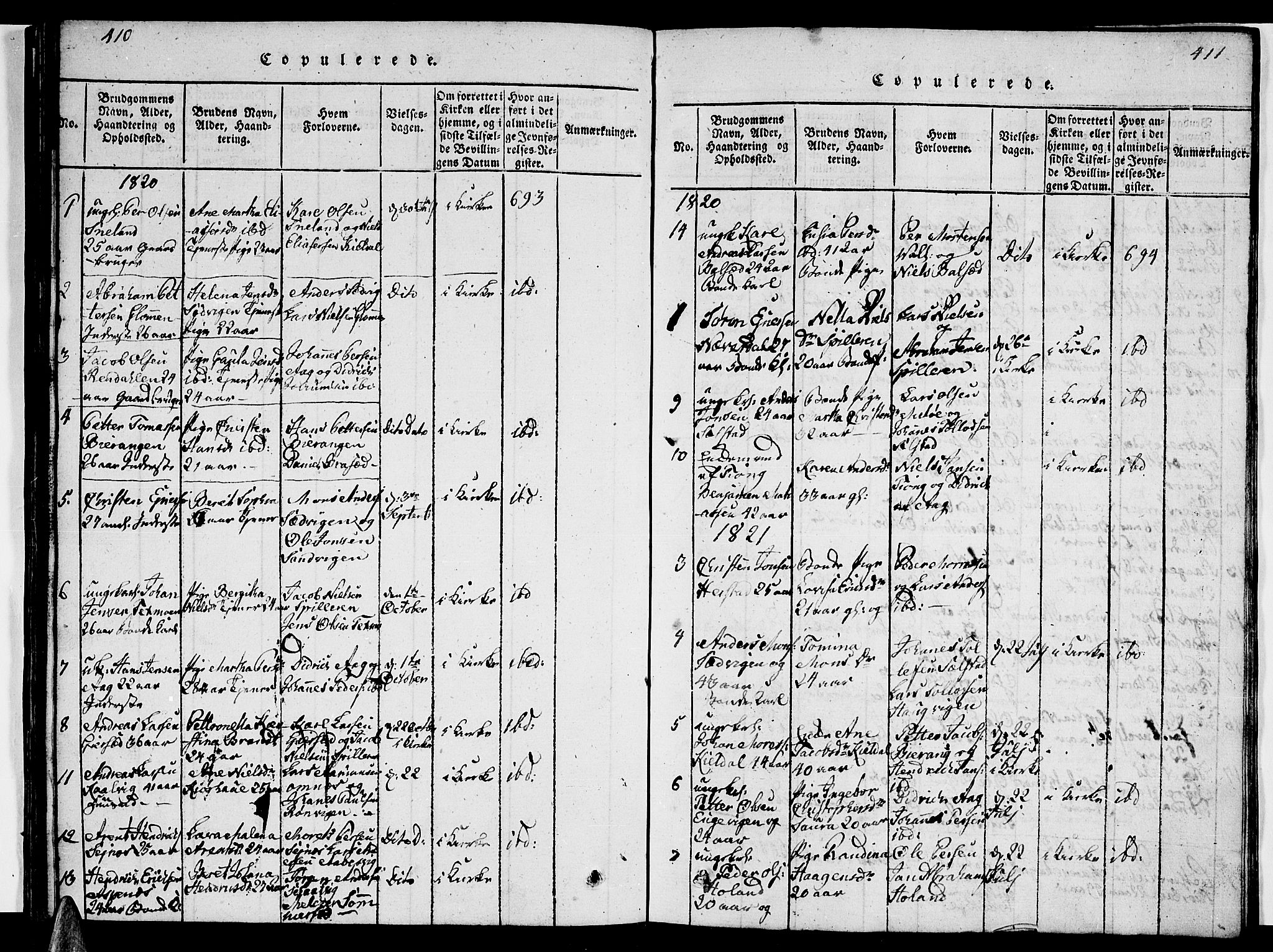 Ministerialprotokoller, klokkerbøker og fødselsregistre - Nordland, AV/SAT-A-1459/841/L0617: Parish register (copy) no. 841C01 /2, 1820-1830, p. 410-411