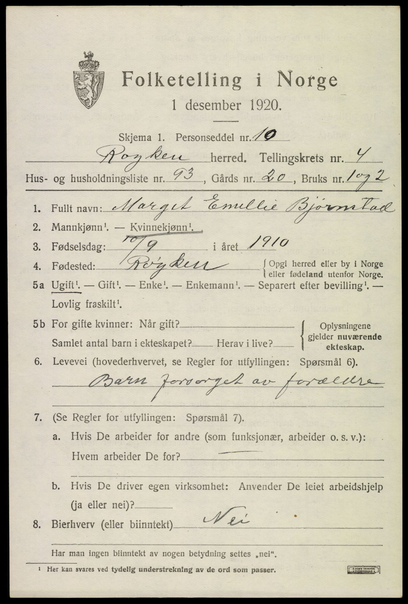 SAKO, 1920 census for Røyken, 1920, p. 6650