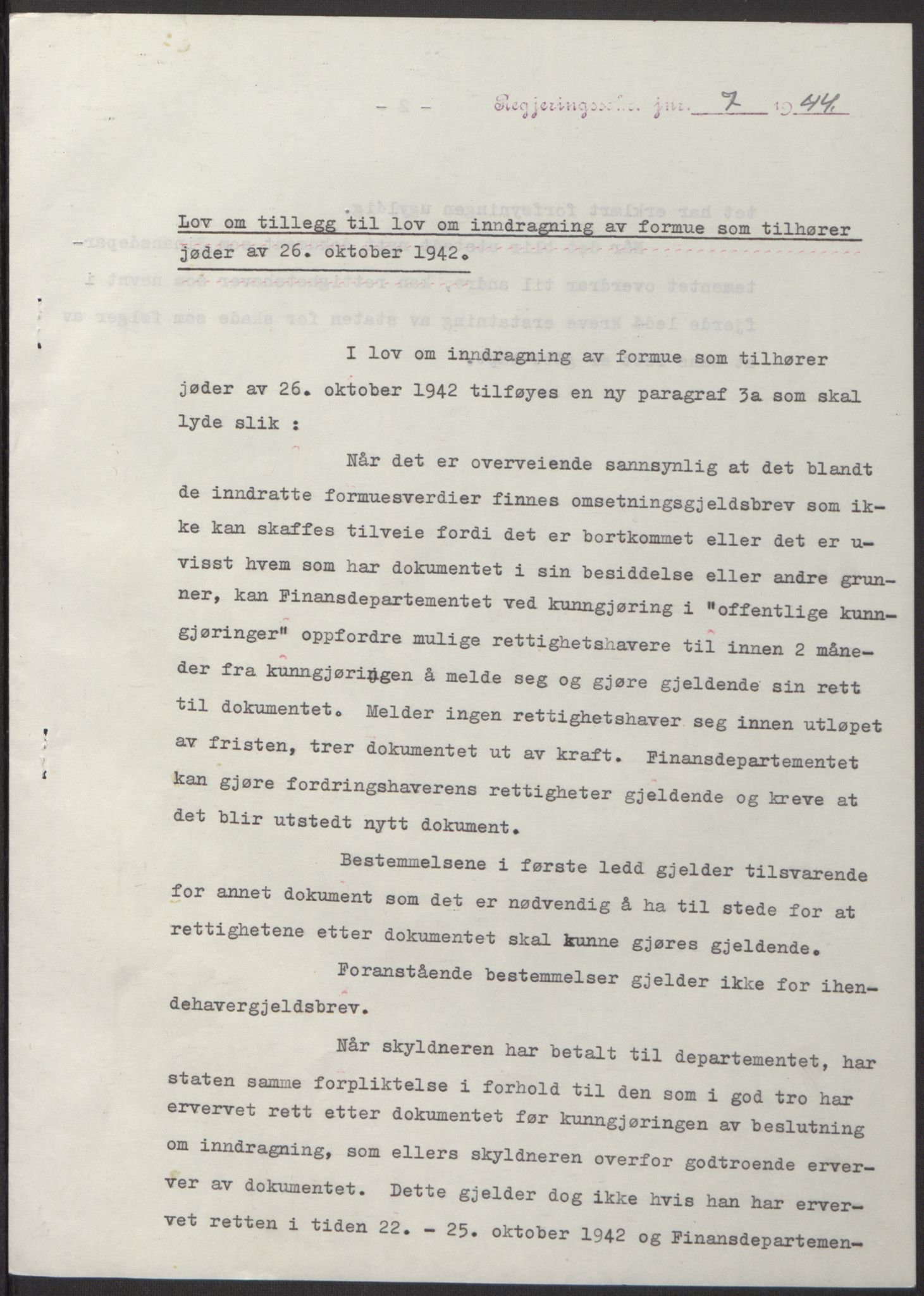 NS-administrasjonen 1940-1945 (Statsrådsekretariatet, de kommisariske statsråder mm), AV/RA-S-4279/D/Db/L0100: Lover, 1944, p. 23