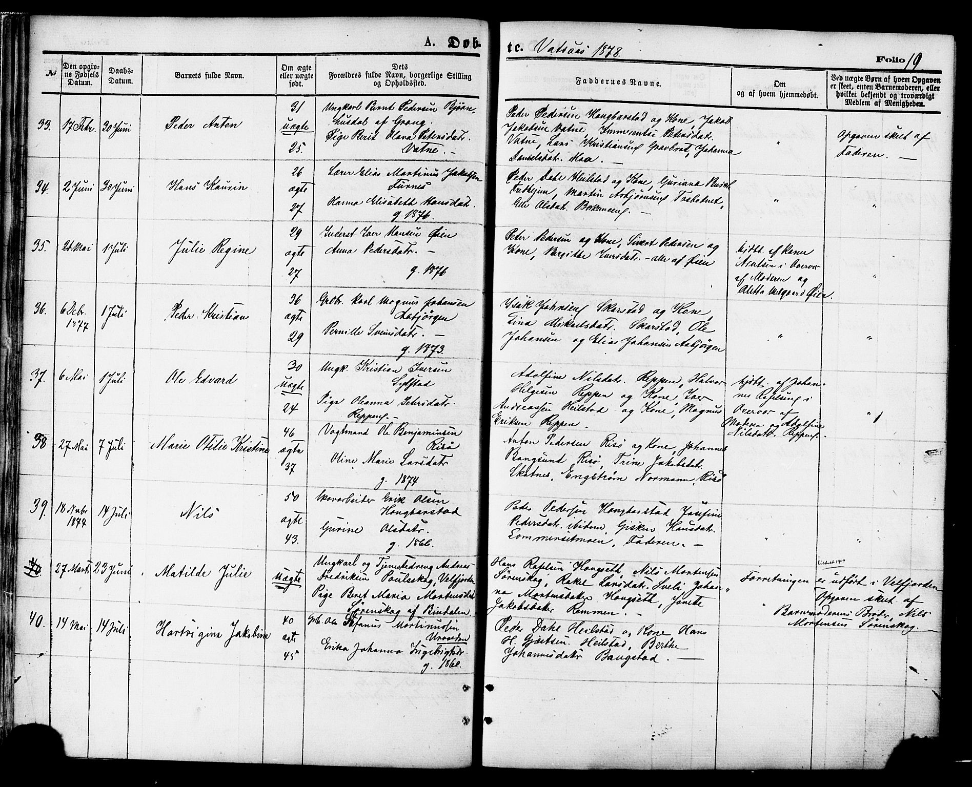 Ministerialprotokoller, klokkerbøker og fødselsregistre - Nordland, AV/SAT-A-1459/810/L0148: Parish register (official) no. 810A09 /1, 1874-1884, p. 19