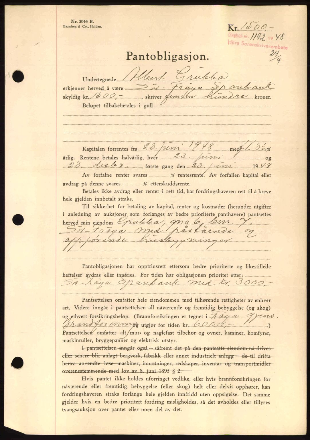 Hitra sorenskriveri, AV/SAT-A-0018/2/2C/2Ca: Mortgage book no. B1, 1939-1949, Diary no: : 1092/1948