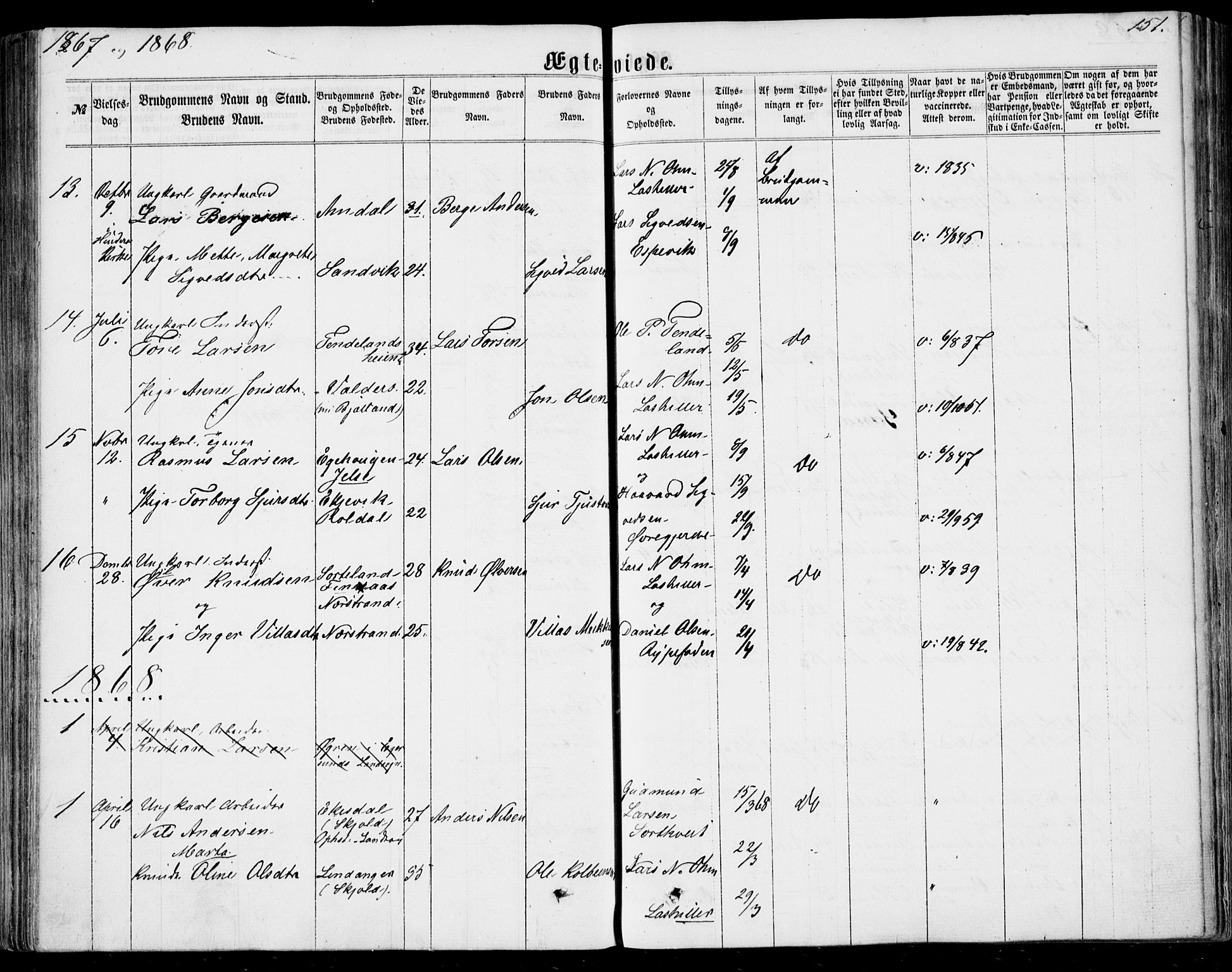 Nedstrand sokneprestkontor, AV/SAST-A-101841/01/IV: Parish register (official) no. A 9, 1861-1876, p. 151