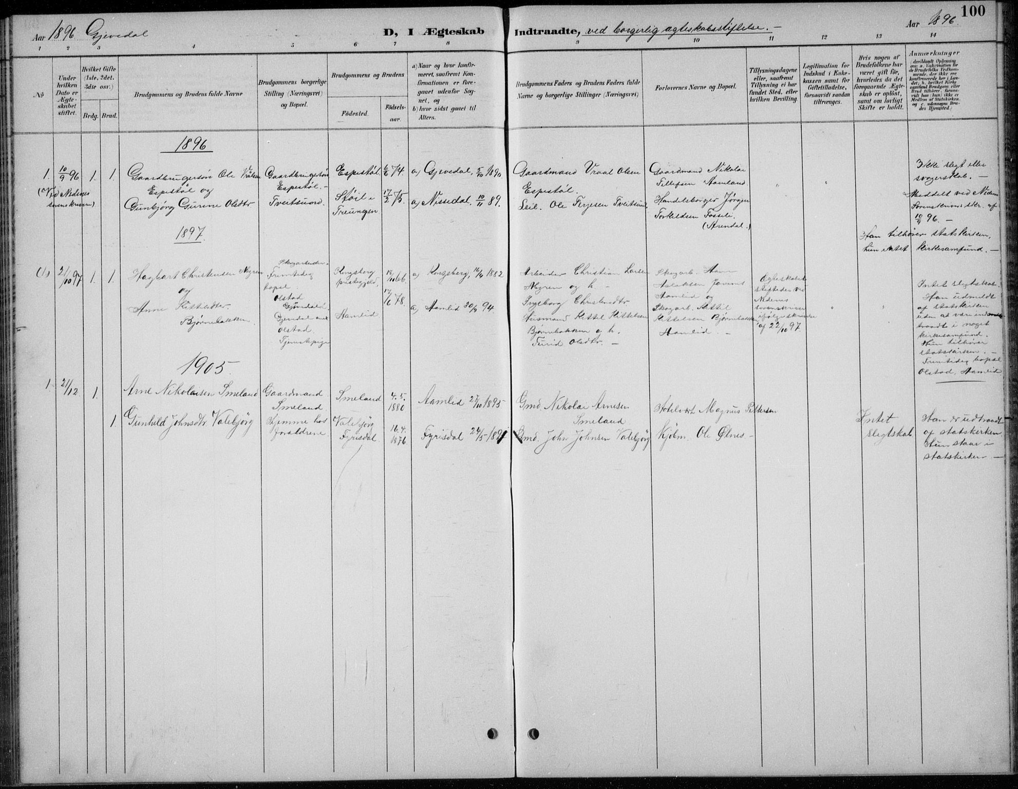 Åmli sokneprestkontor, AV/SAK-1111-0050/F/Fb/Fba/L0002: Parish register (copy) no. B 2, 1890-1912, p. 100