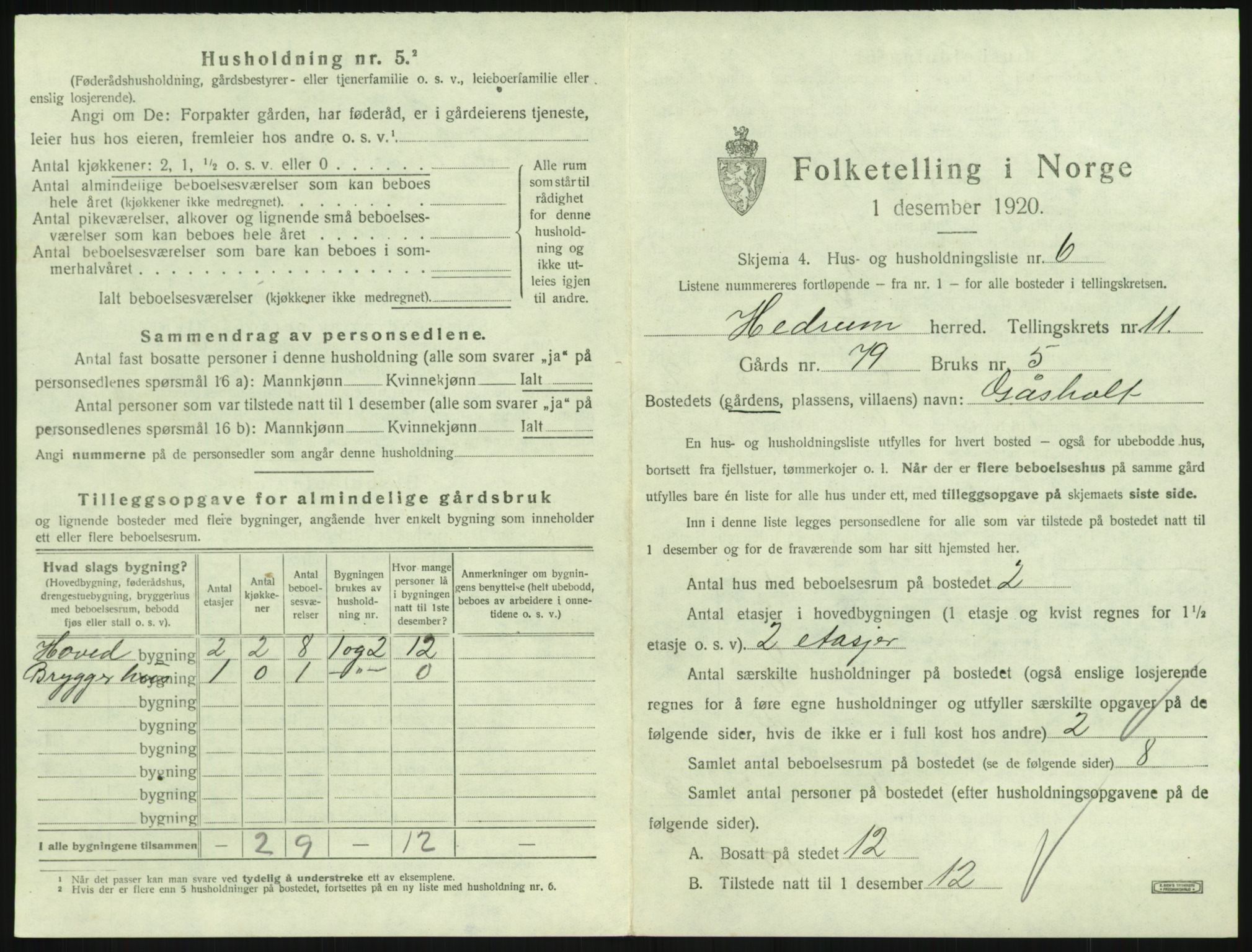 SAKO, 1920 census for Hedrum, 1920, p. 1001