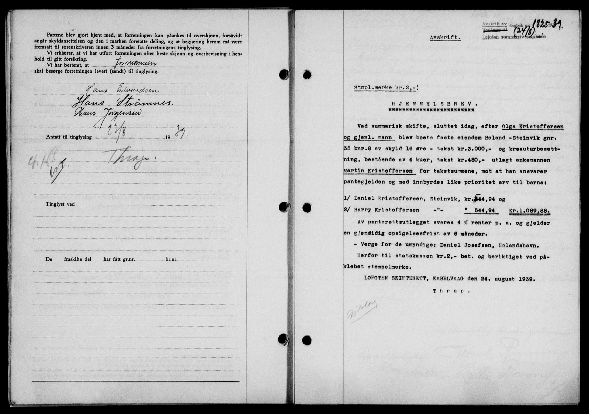 Lofoten sorenskriveri, SAT/A-0017/1/2/2C/L0006a: Mortgage book no. 6a, 1939-1939, Diary no: : 1825/1939