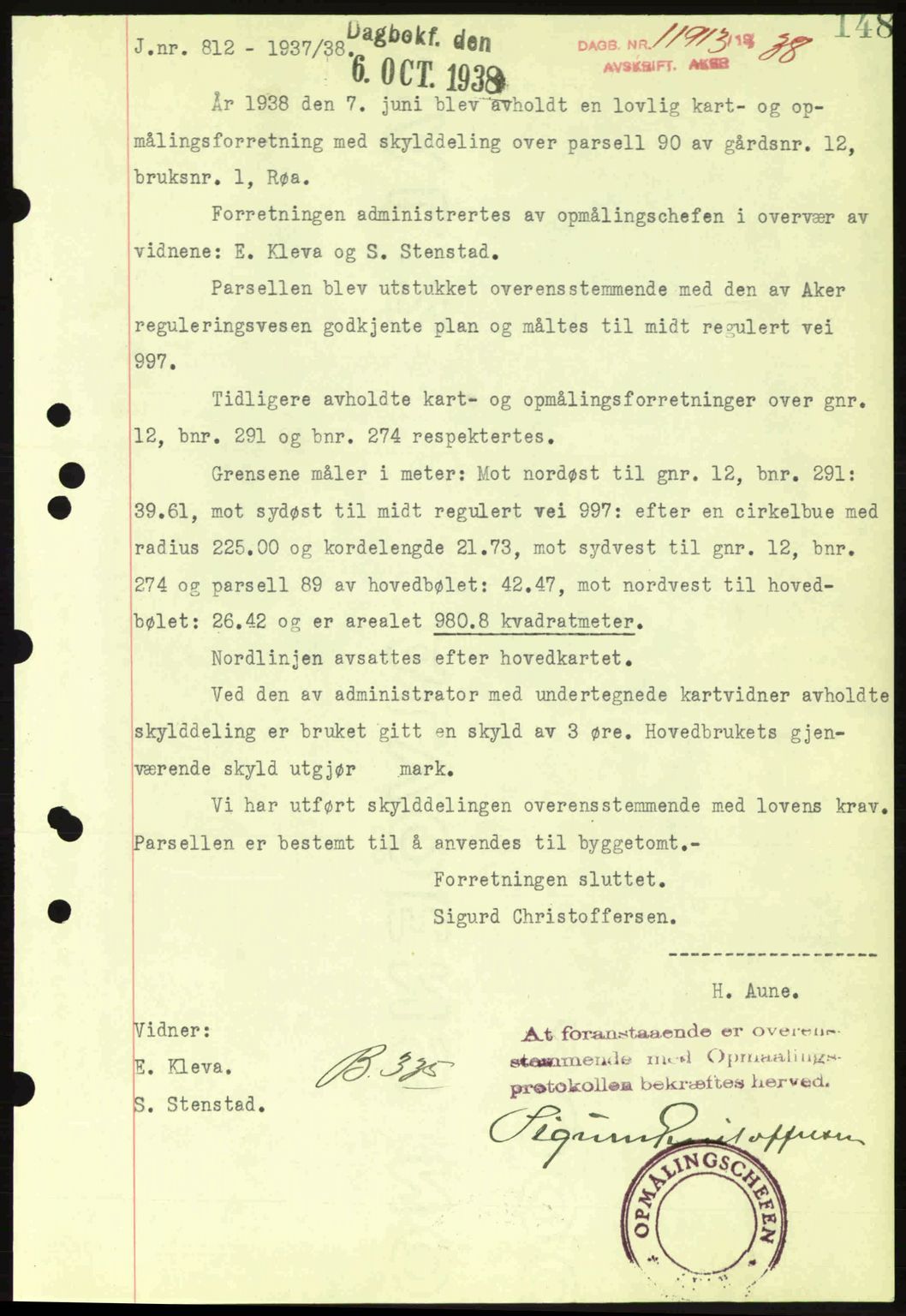Aker herredsskriveri, SAO/A-10896/G/Gb/Gba/Gbab/L0025: Mortgage book no. A154-155, 1938-1938, Diary no: : 11913/1938