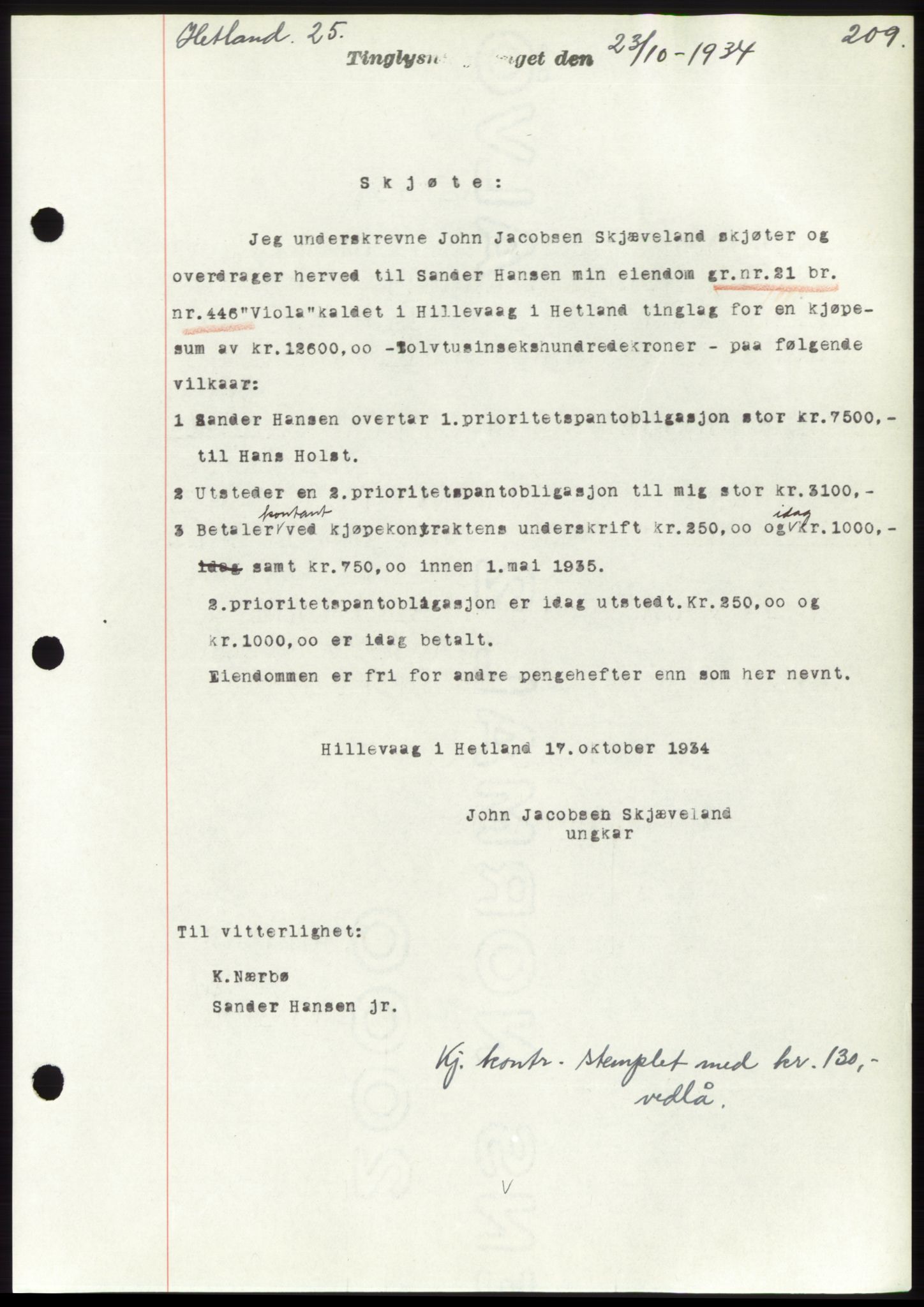 Jæren sorenskriveri, SAST/A-100310/03/G/Gba/L0062: Mortgage book no. 65, 1934-1934, Deed date: 23.10.1934