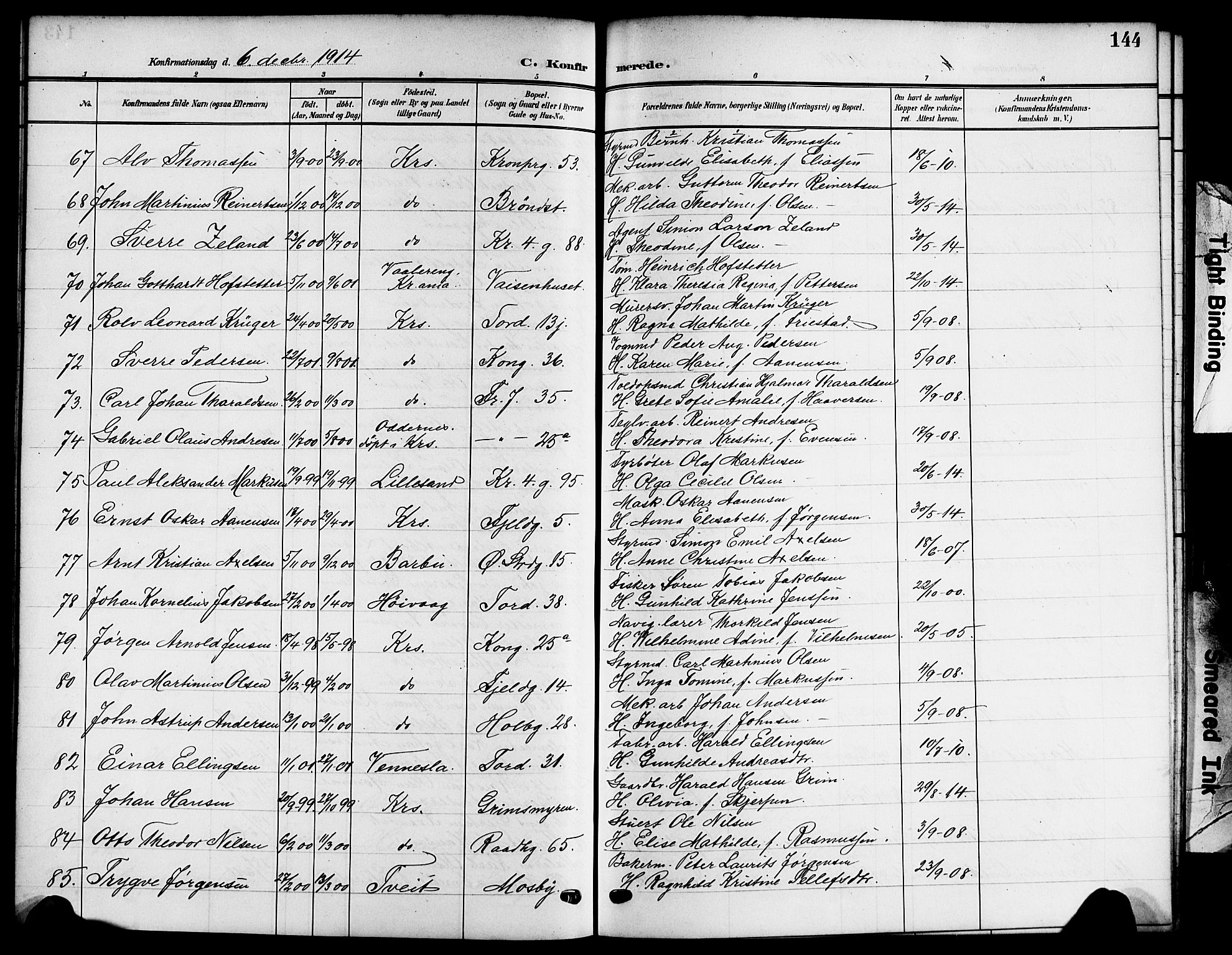 Kristiansand domprosti, AV/SAK-1112-0006/F/Fb/L0020: Parish register (copy) no. B 20, 1906-1915, p. 144
