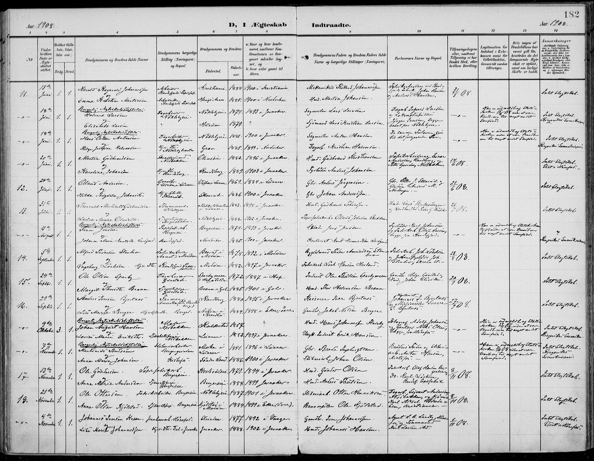 Jevnaker prestekontor, SAH/PREST-116/H/Ha/Haa/L0011: Parish register (official) no. 11, 1902-1913, p. 182