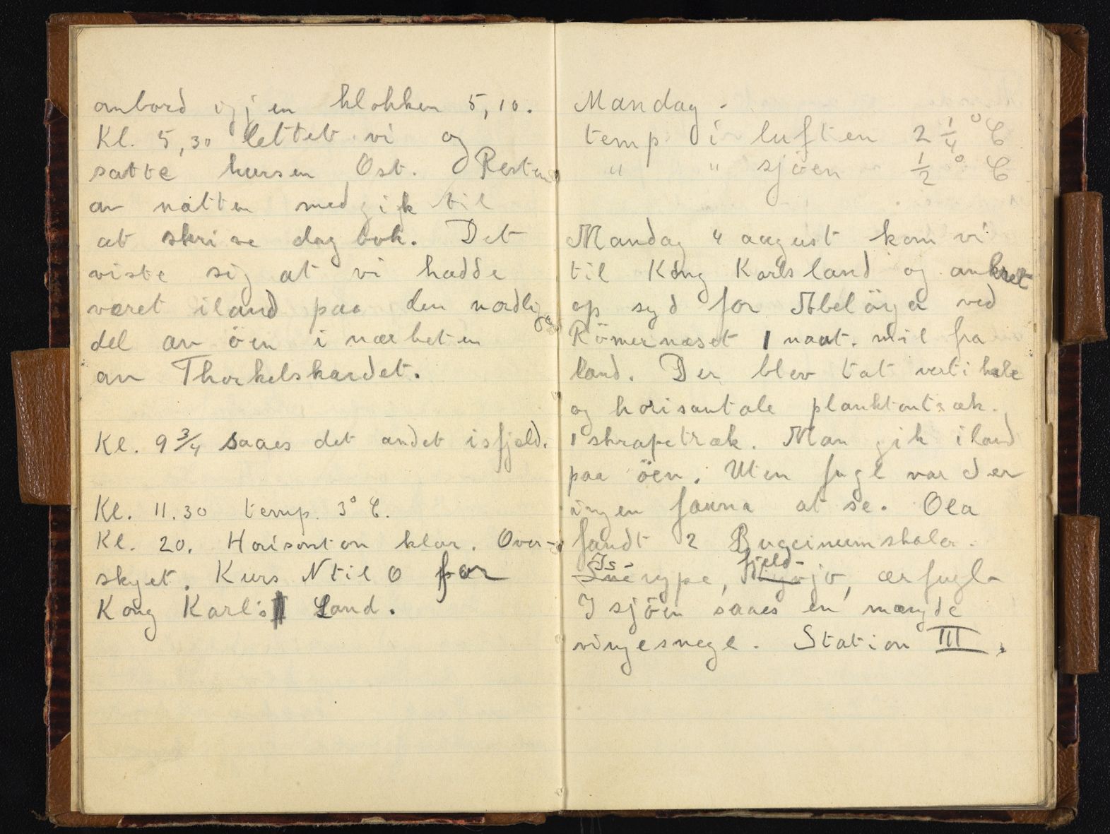 Sørensen, Adolf, AAKS/PA-2238/Y/L0001/0004: Dagbok, telegram, foredragsnotater og utrustningsliste / Adolf Sørensens dagbok fra Bratvaag-ekspedisjonen til Frans Josefs land , 1930, p. 11