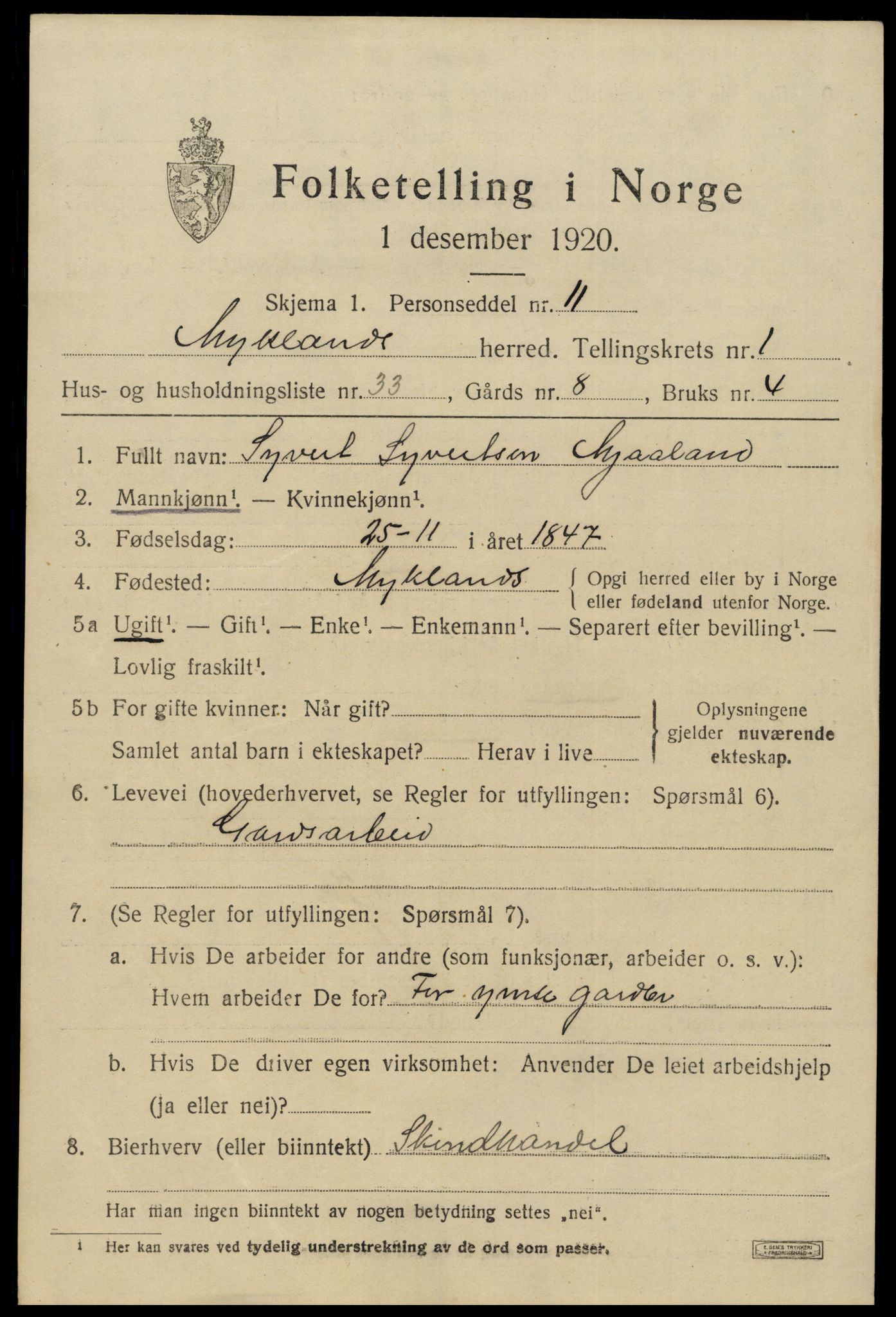 SAK, 1920 census for Mykland, 1920, p. 702