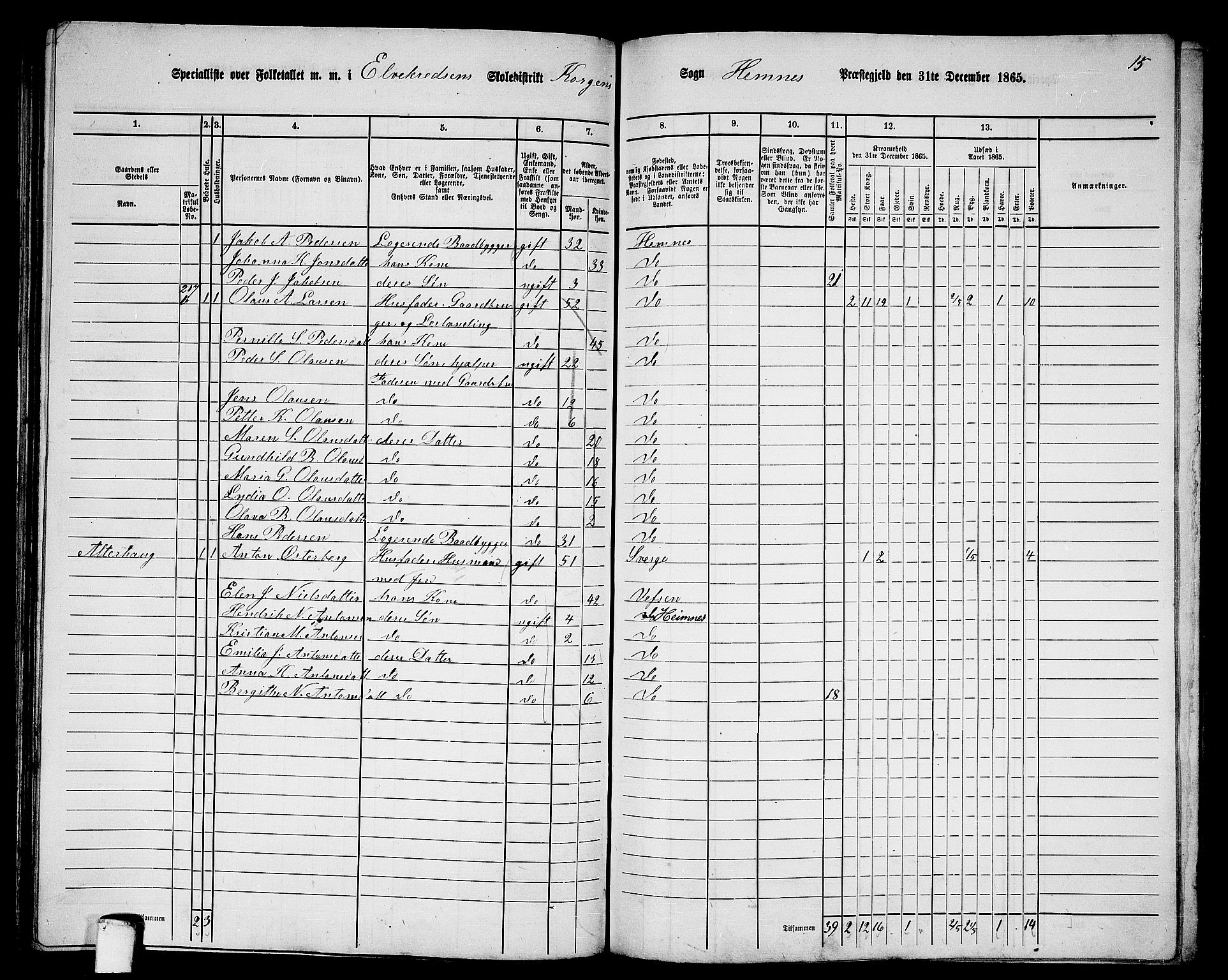 RA, 1865 census for Hemnes, 1865, p. 113