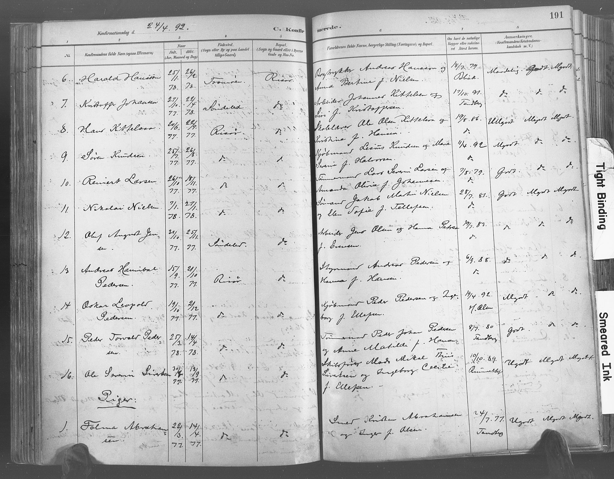 Risør sokneprestkontor, SAK/1111-0035/F/Fa/L0005: Parish register (official) no. A 5, 1883-1895, p. 192