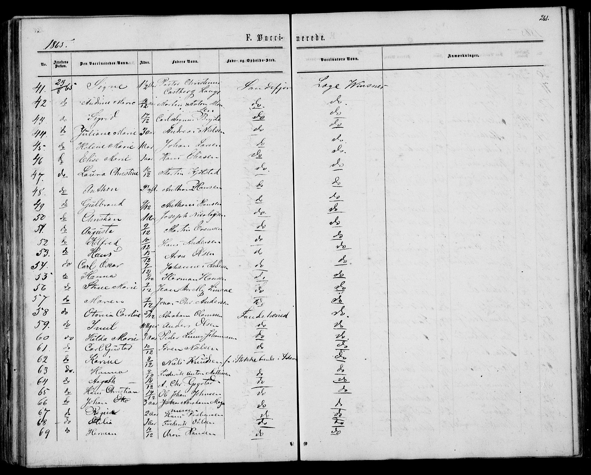 Sandar kirkebøker, AV/SAKO-A-243/F/Fa/L0009: Parish register (official) no. 9, 1862-1871, p. 261