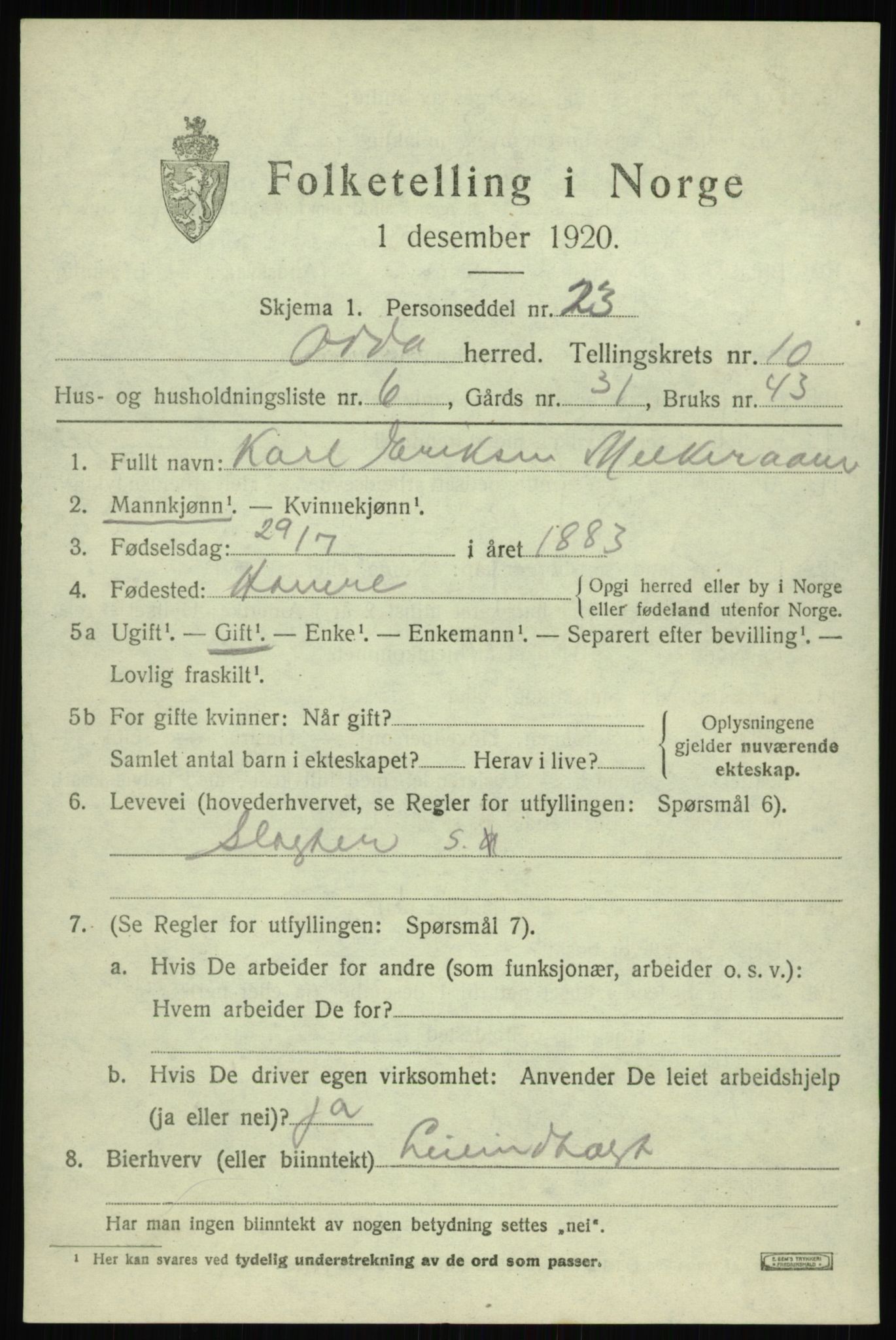 SAB, 1920 census for Odda, 1920, p. 9681