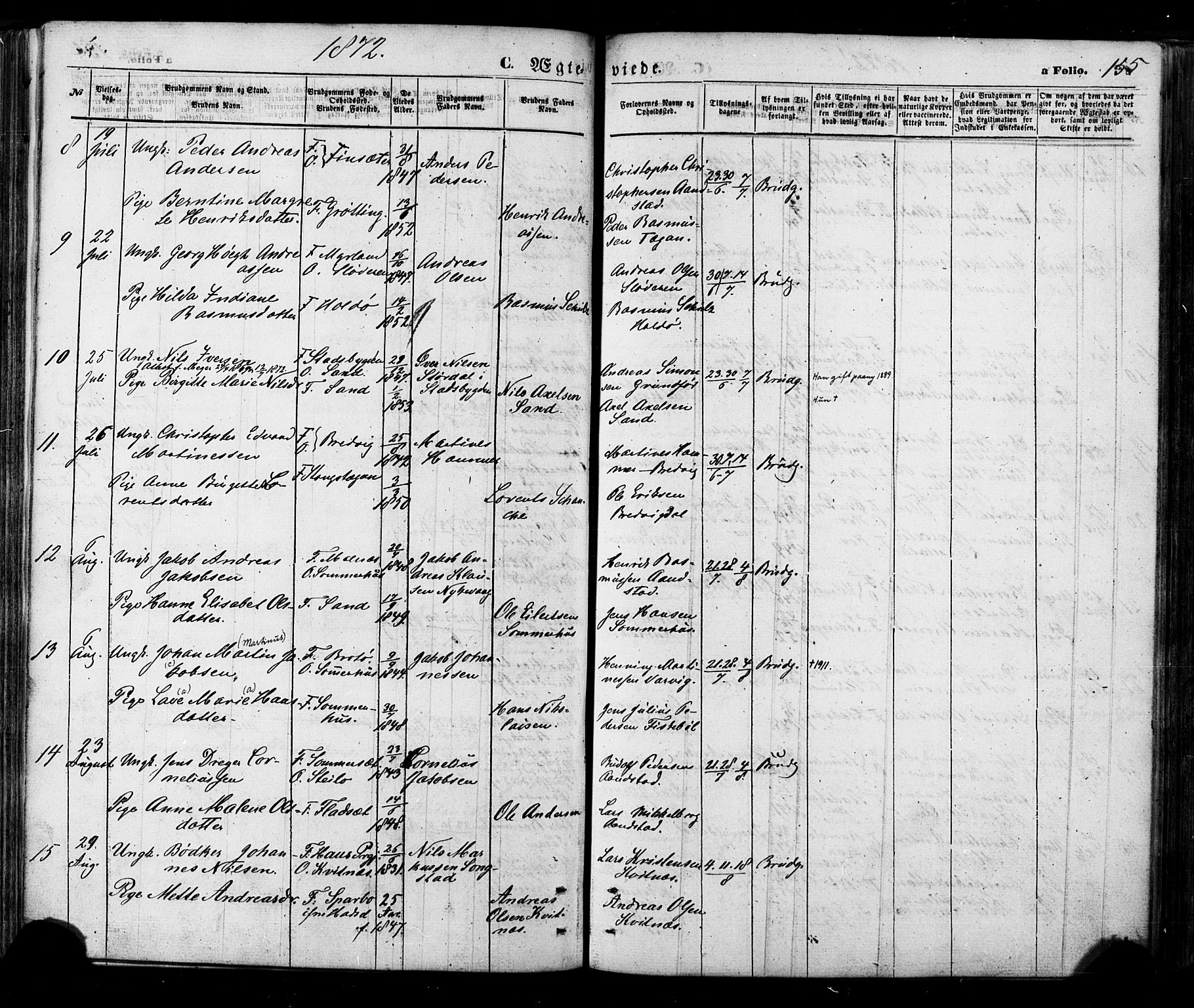 Ministerialprotokoller, klokkerbøker og fødselsregistre - Nordland, AV/SAT-A-1459/888/L1242: Parish register (official) no. 888A08, 1870-1875, p. 155