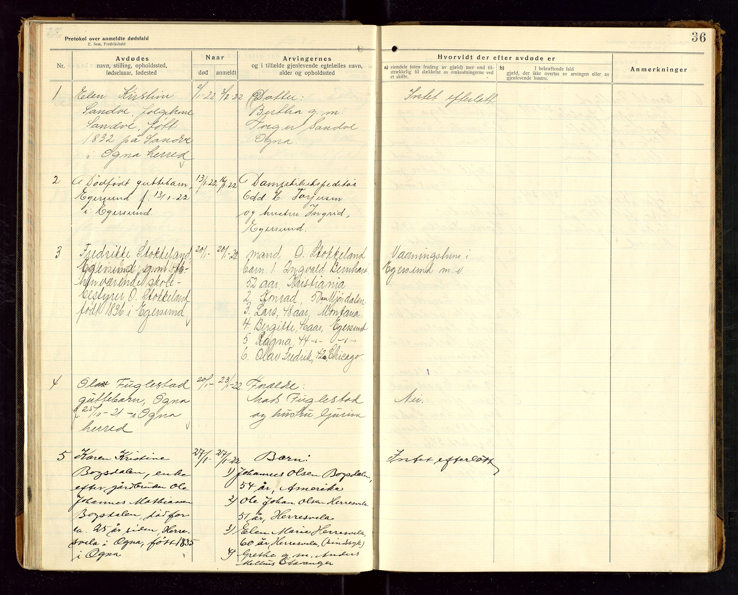 Eigersund lensmannskontor, SAST/A-100171/Gga/L0008: "Protokol over anmeldte dødsfald" m/alfabetisk navneregister, 1920-1922, p. 36