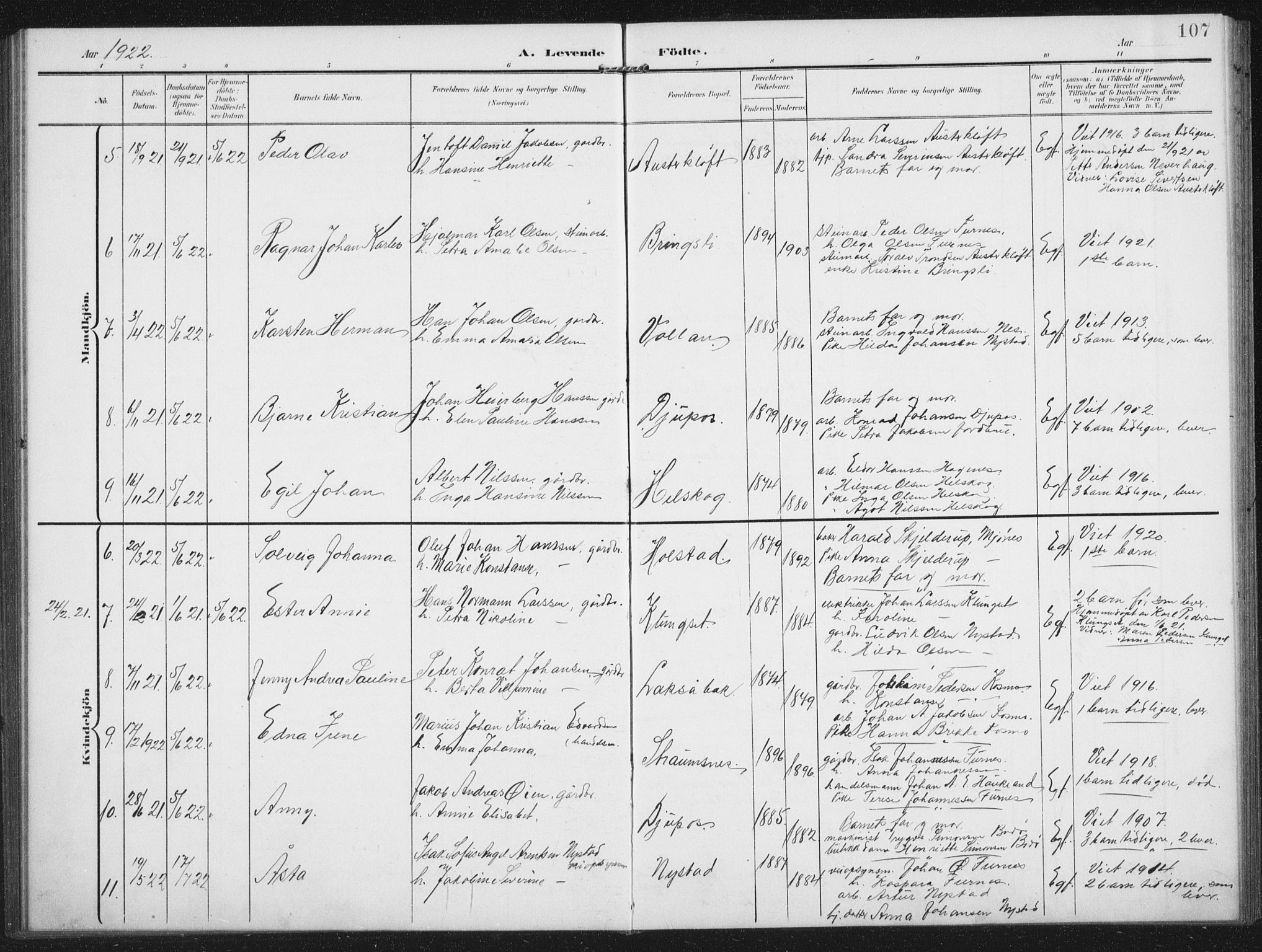 Ministerialprotokoller, klokkerbøker og fødselsregistre - Nordland, AV/SAT-A-1459/851/L0726: Parish register (copy) no. 851C01, 1902-1924, p. 107