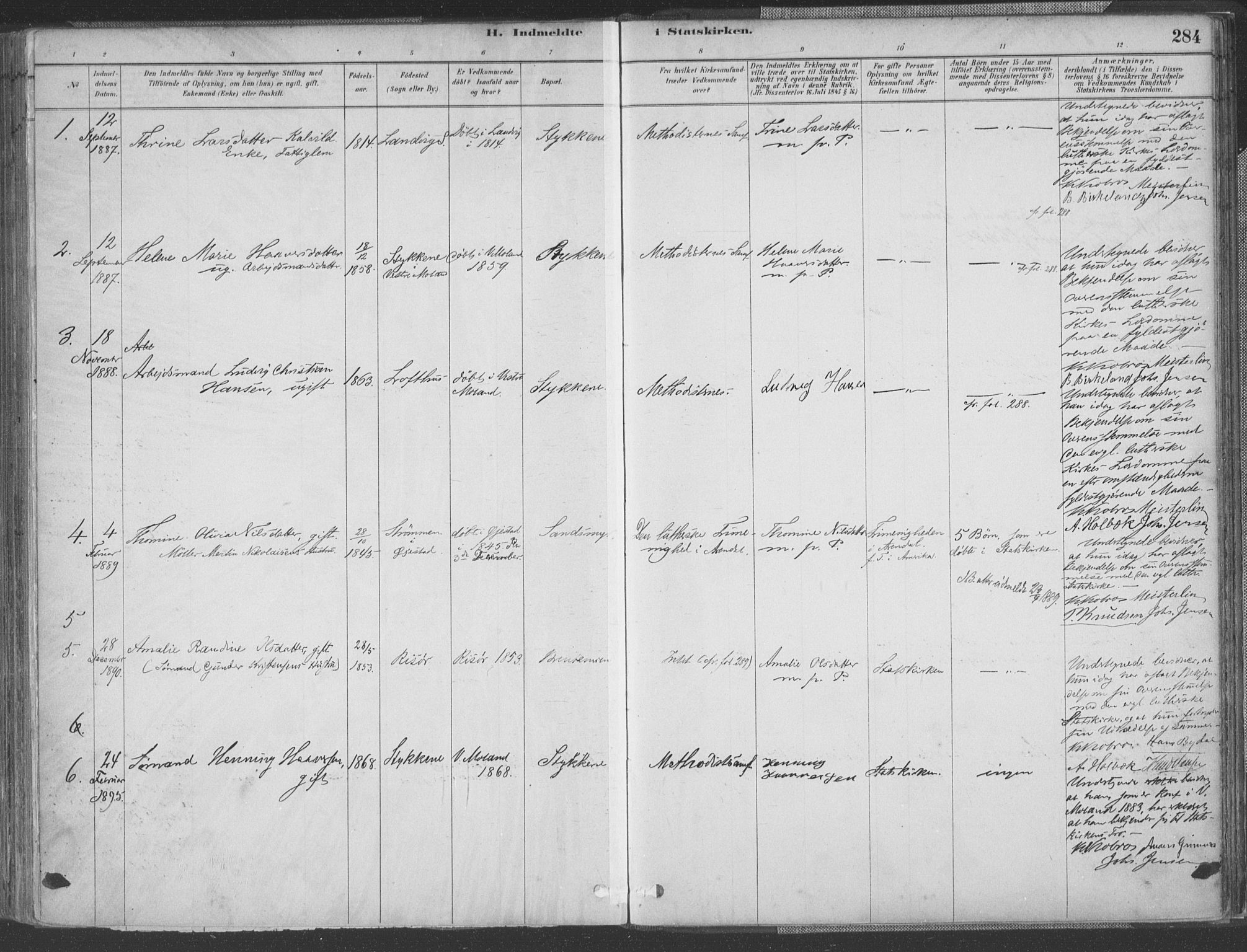 Vestre Moland sokneprestkontor, SAK/1111-0046/F/Fa/Fab/L0009: Parish register (official) no. A 9, 1884-1899, p. 284
