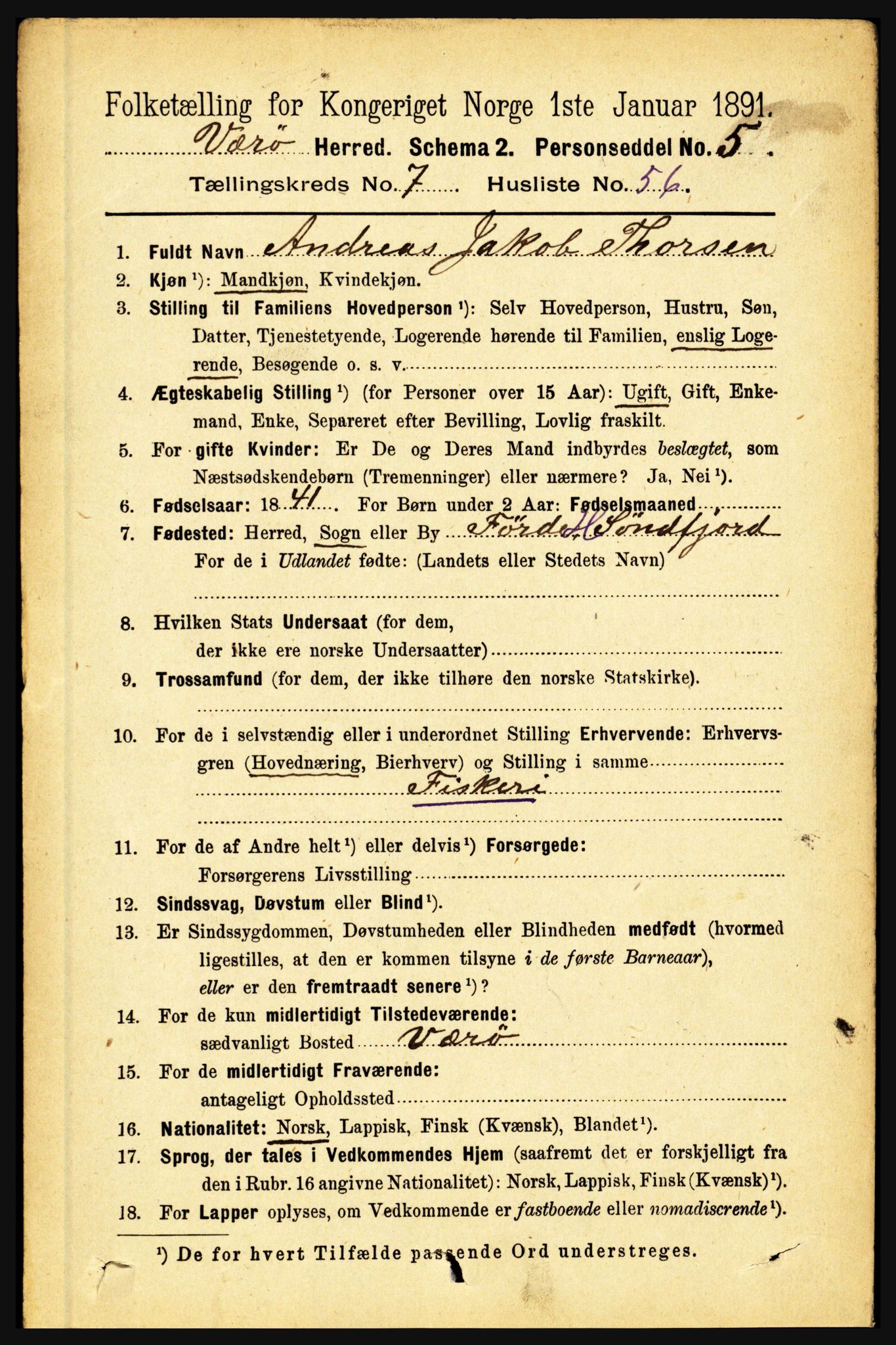 RA, 1891 census for 1857 Værøy, 1891, p. 1111