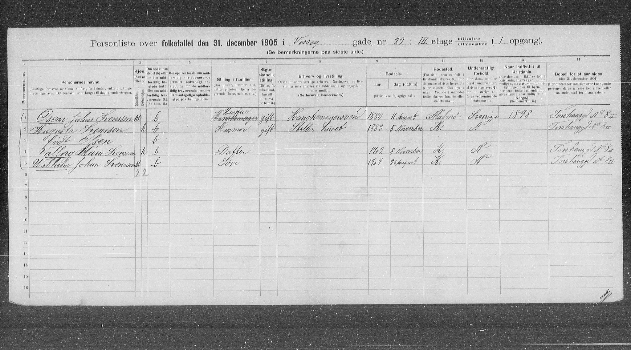 OBA, Municipal Census 1905 for Kristiania, 1905, p. 66225