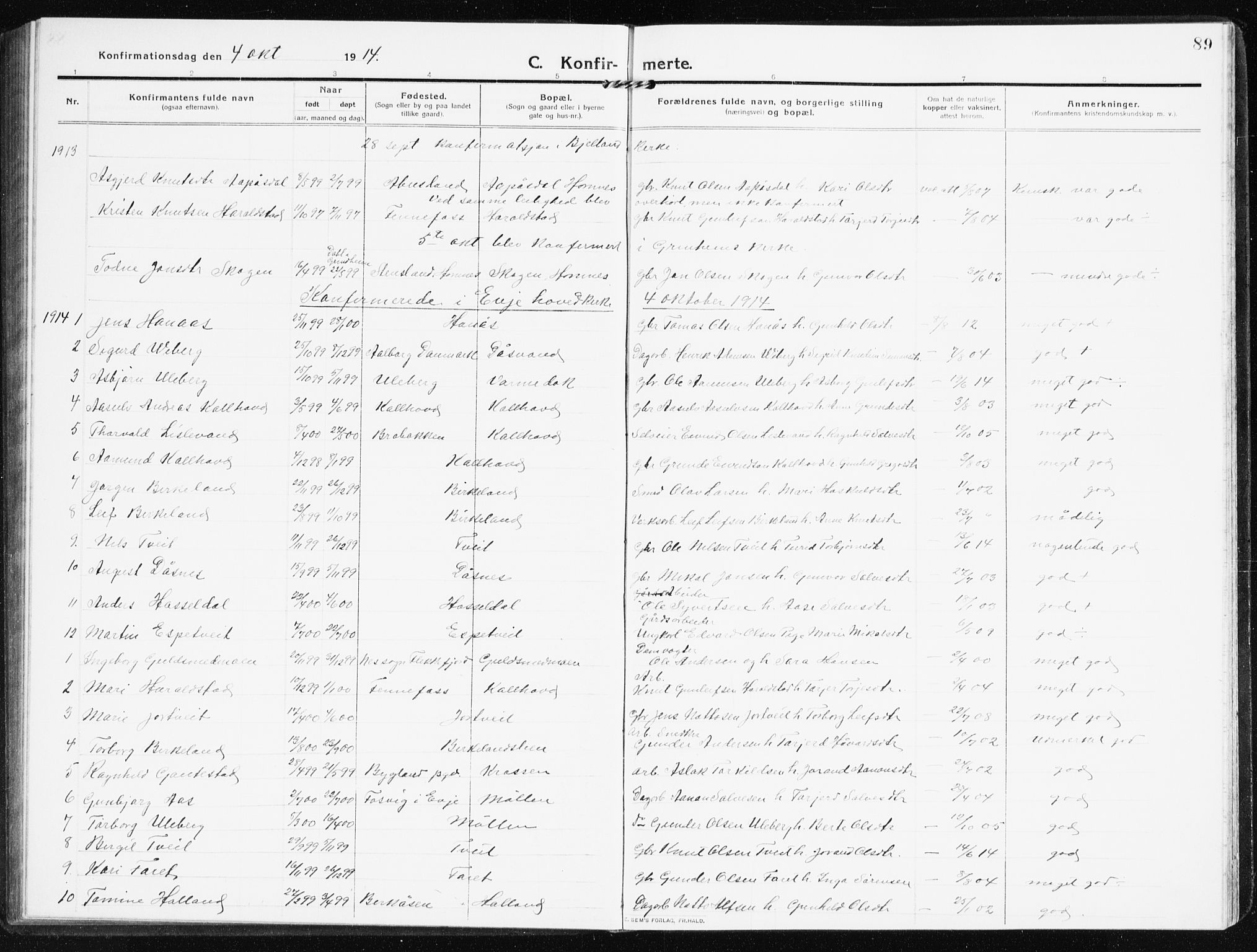 Evje sokneprestkontor, SAK/1111-0008/F/Fb/Fbb/L0003: Parish register (copy) no. B 3, 1910-1933, p. 89