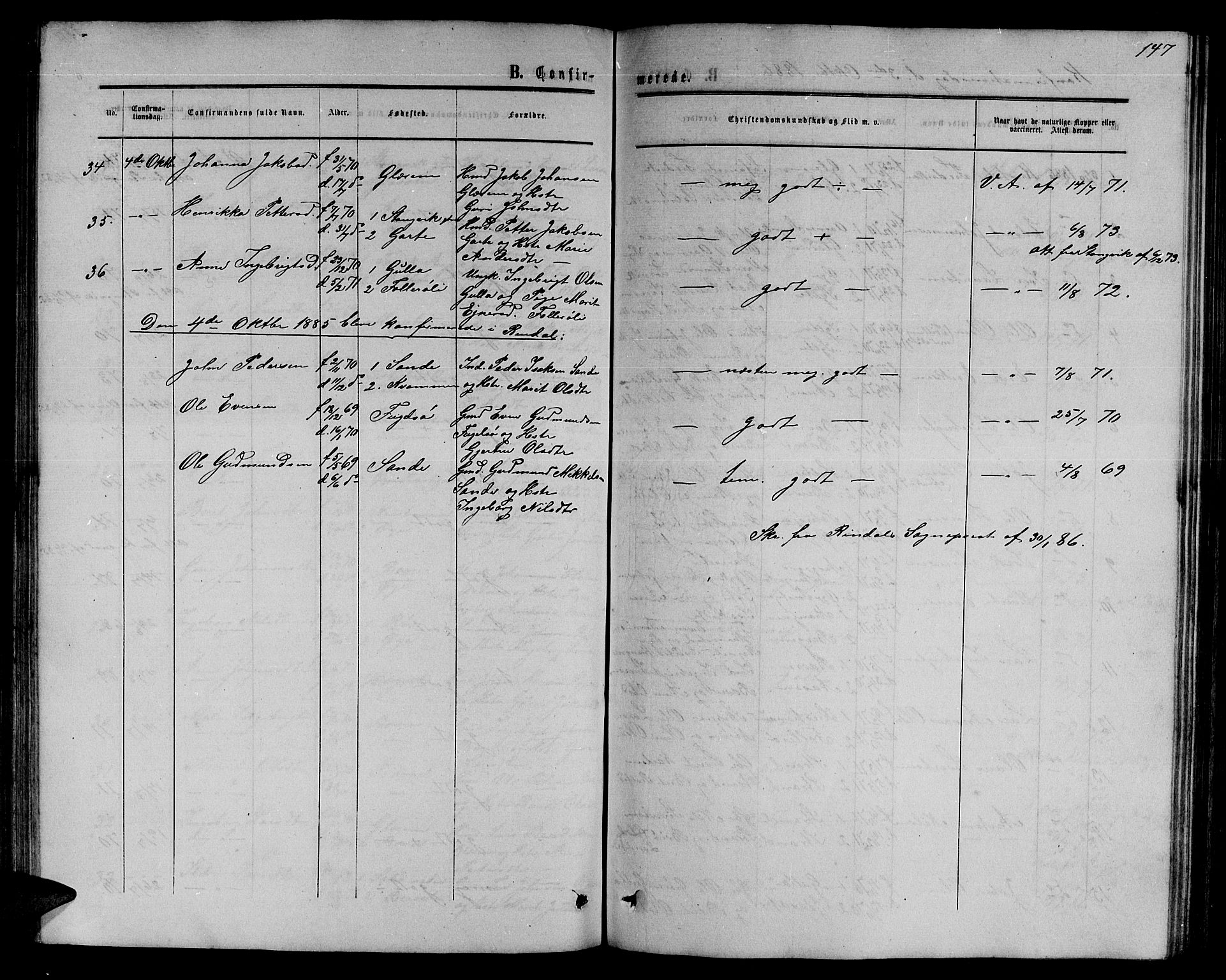 Ministerialprotokoller, klokkerbøker og fødselsregistre - Møre og Romsdal, SAT/A-1454/595/L1051: Parish register (copy) no. 595C03, 1866-1891, p. 147