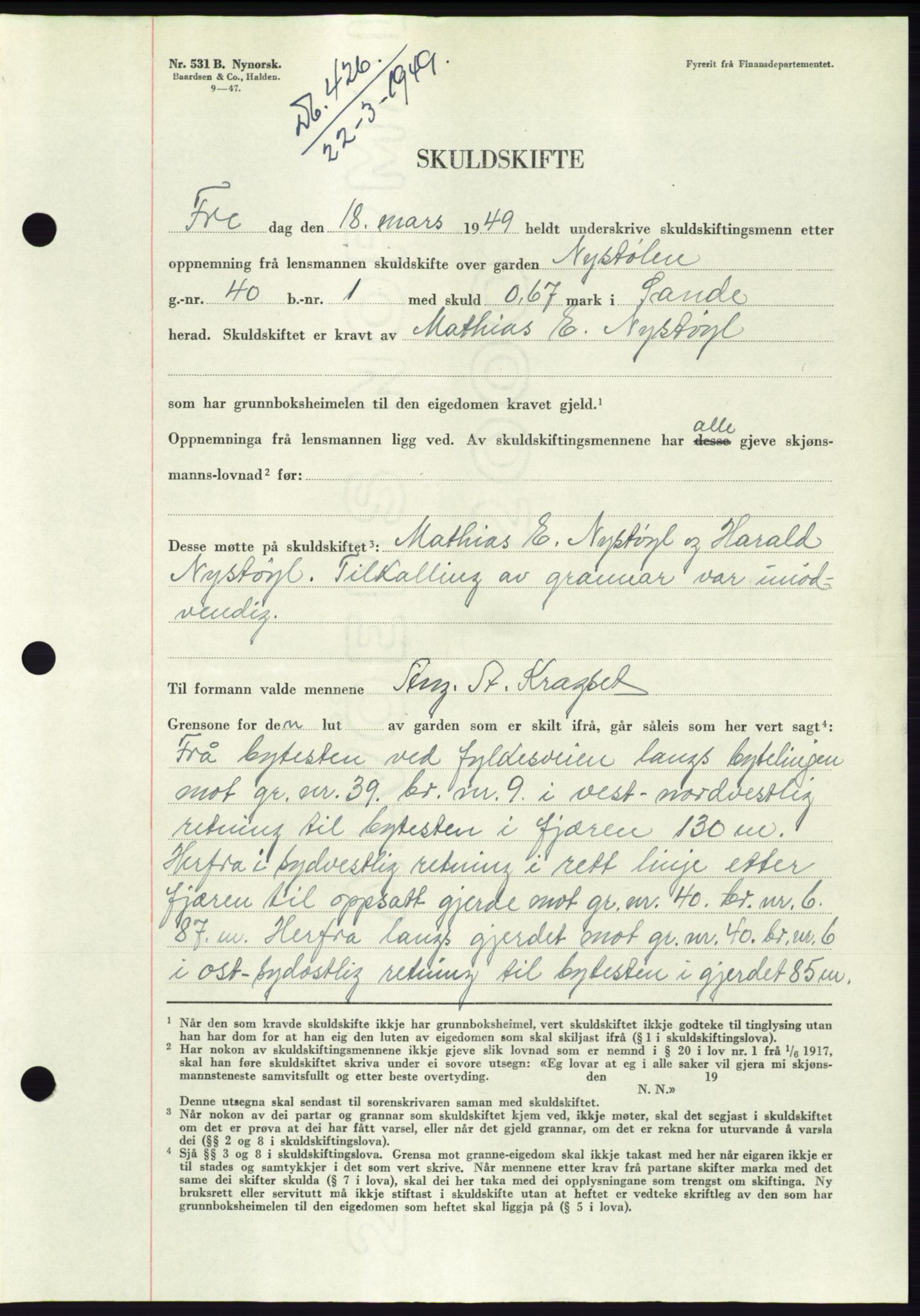 Søre Sunnmøre sorenskriveri, AV/SAT-A-4122/1/2/2C/L0084: Mortgage book no. 10A, 1949-1949, Diary no: : 426/1949