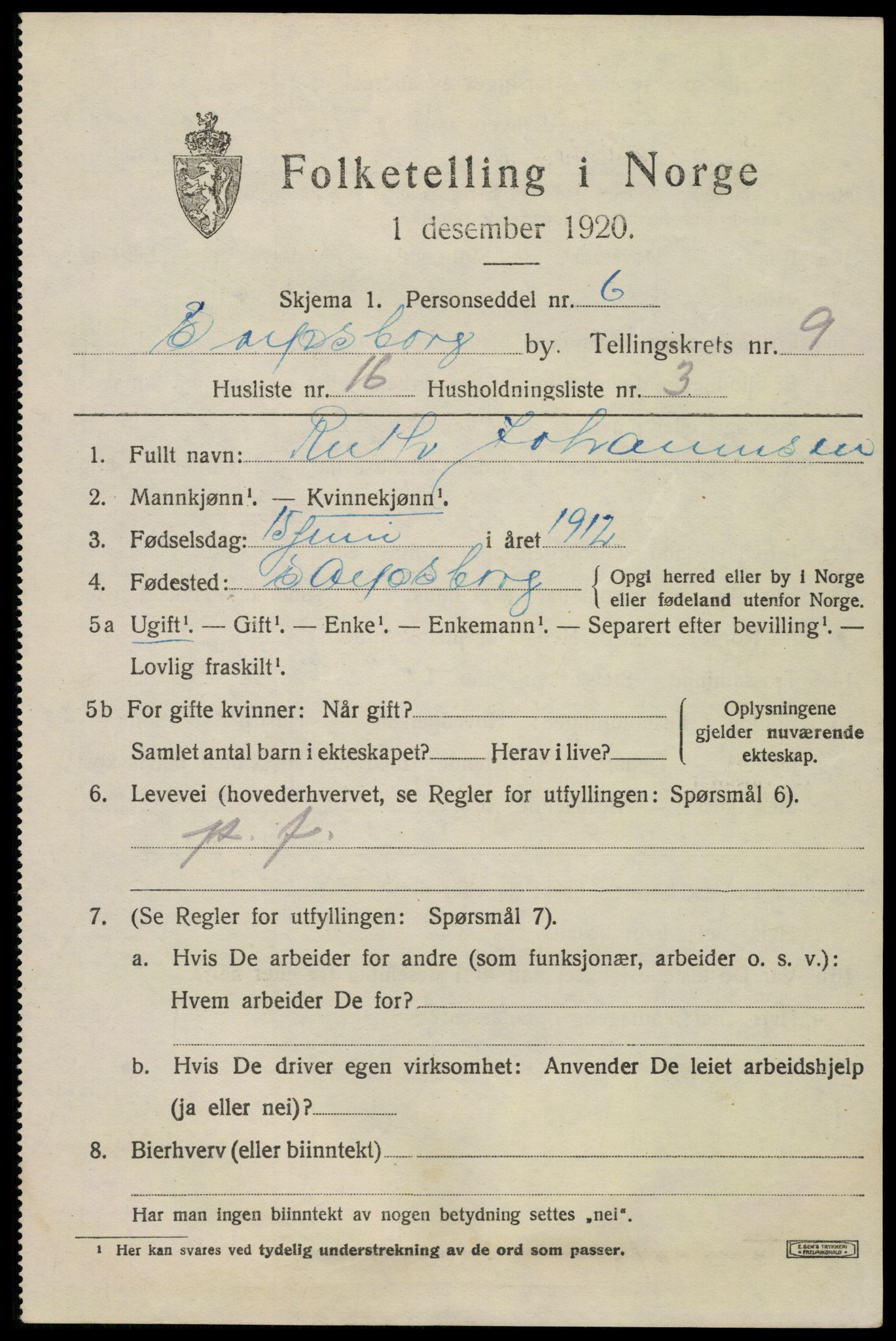 SAO, 1920 census for Sarpsborg, 1920, p. 19302