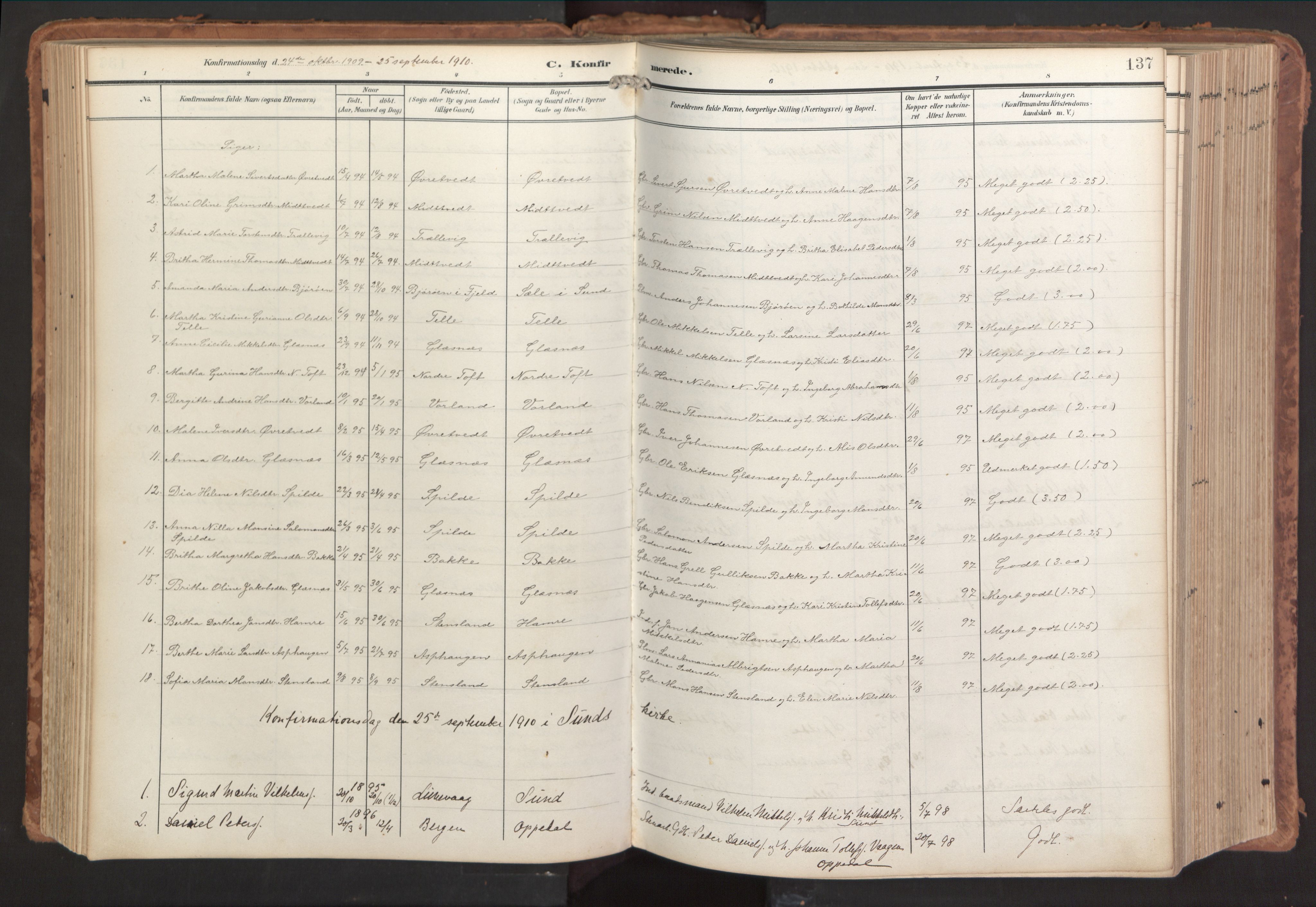 Sund sokneprestembete, SAB/A-99930: Parish register (official) no. B 2, 1907-1926, p. 137