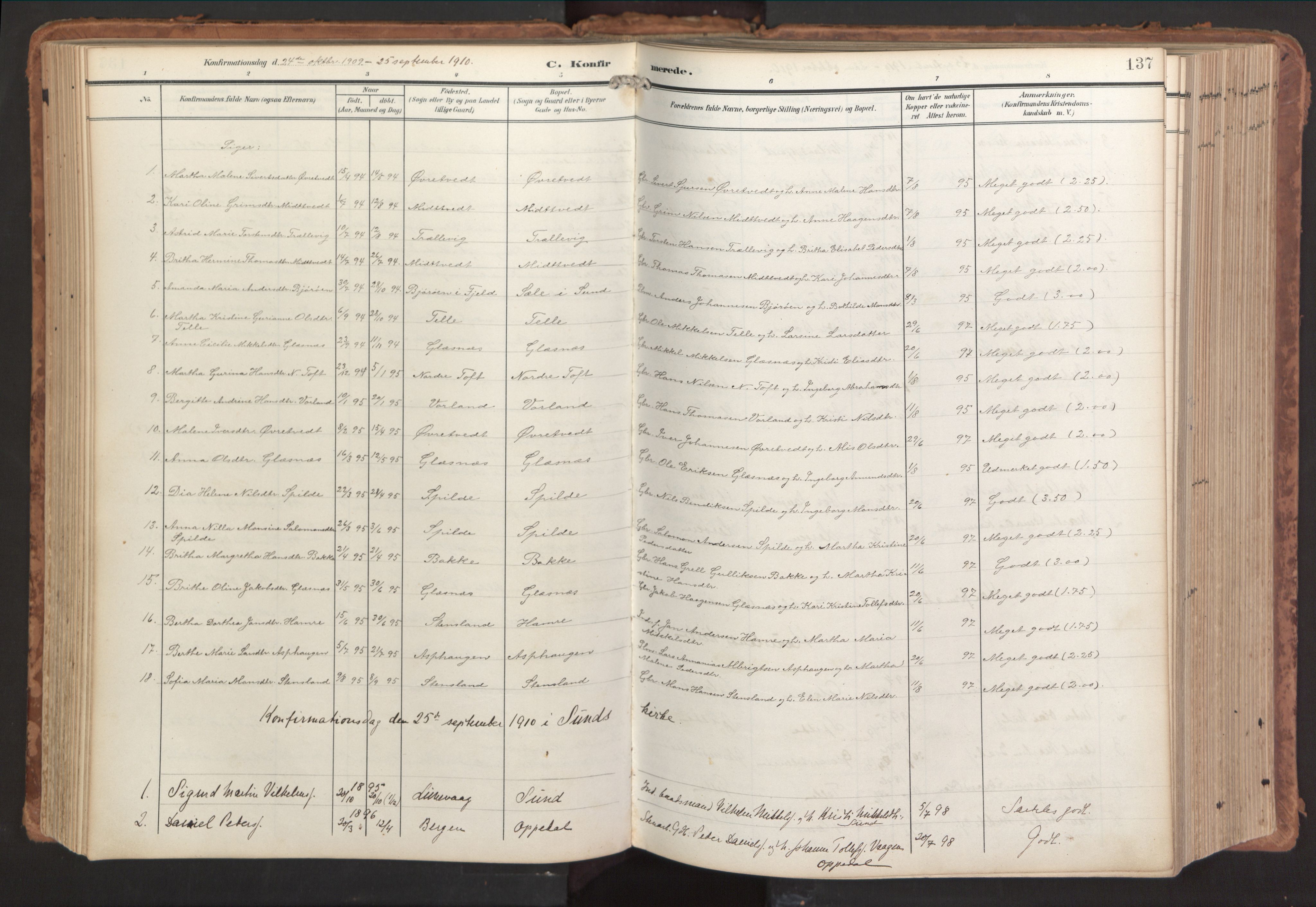 Sund sokneprestembete, AV/SAB-A-99930: Parish register (official) no. B 2, 1907-1926, p. 137