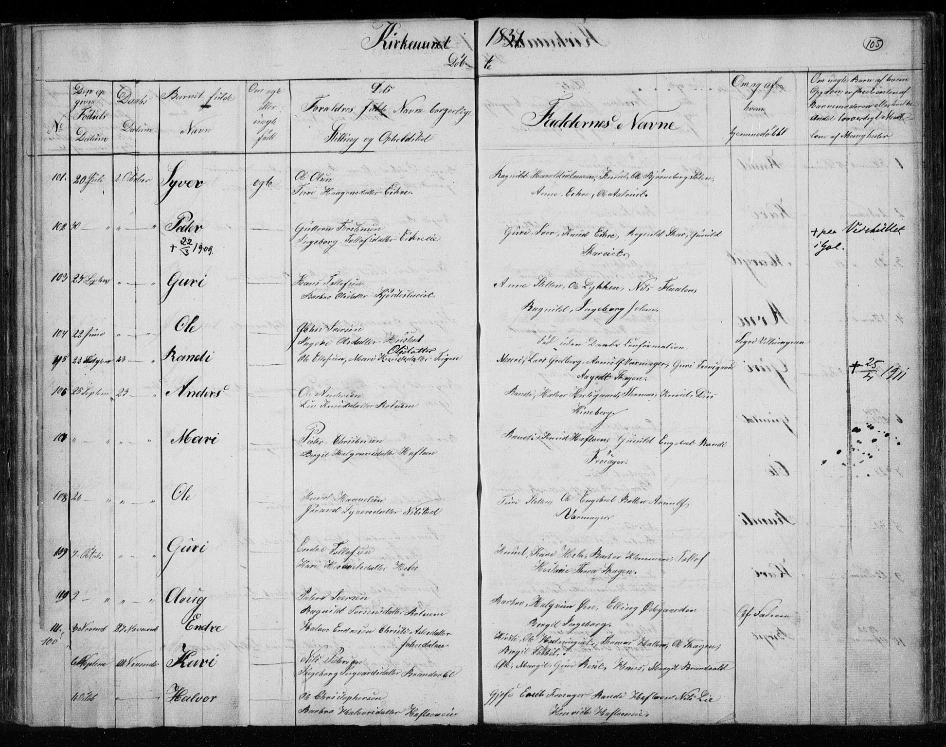 Gol kirkebøker, AV/SAKO-A-226/F/Fa/L0001: Parish register (official) no. I 1, 1821-1837, p. 105