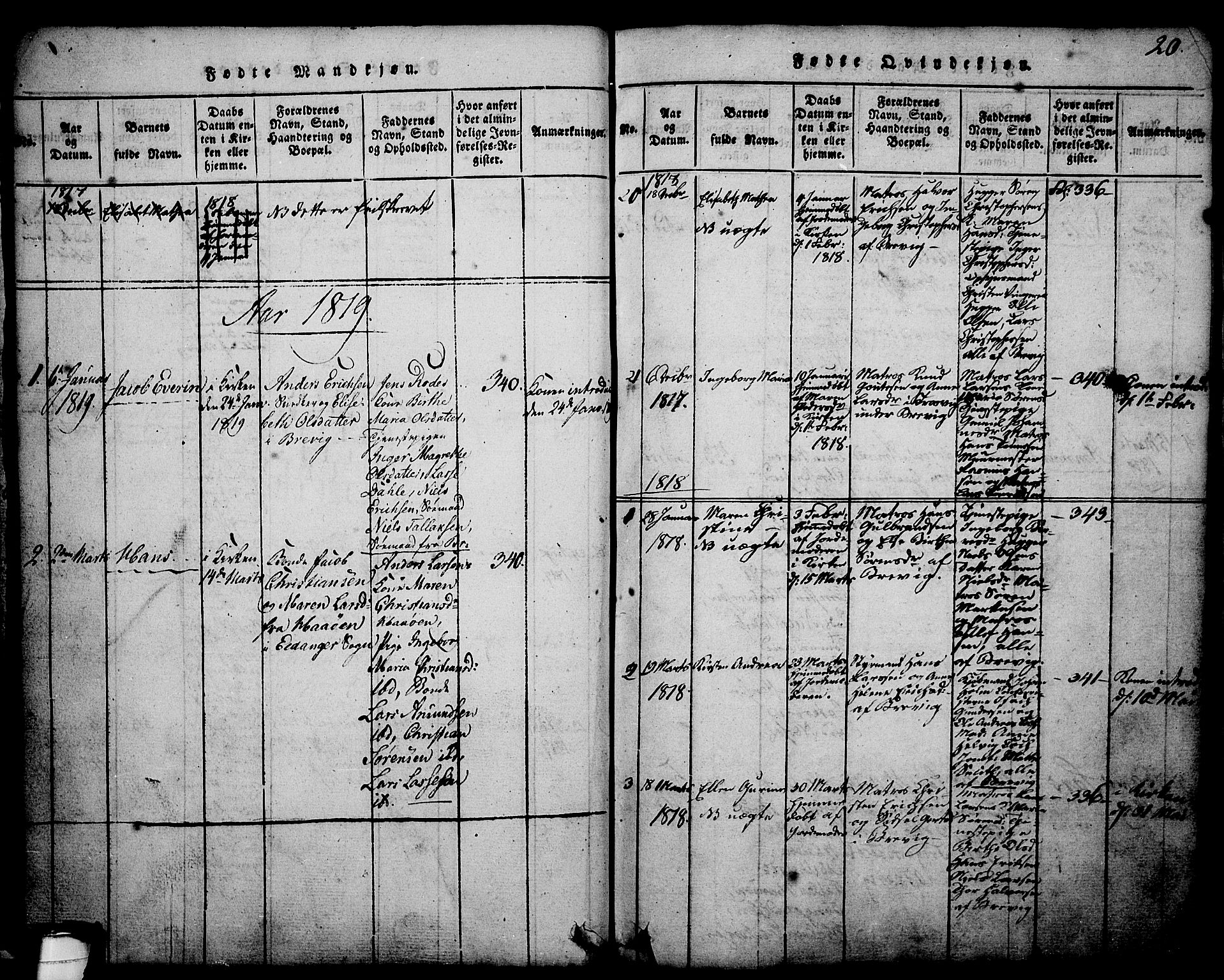 Brevik kirkebøker, SAKO/A-255/G/Ga/L0001: Parish register (copy) no. 1, 1814-1845, p. 20