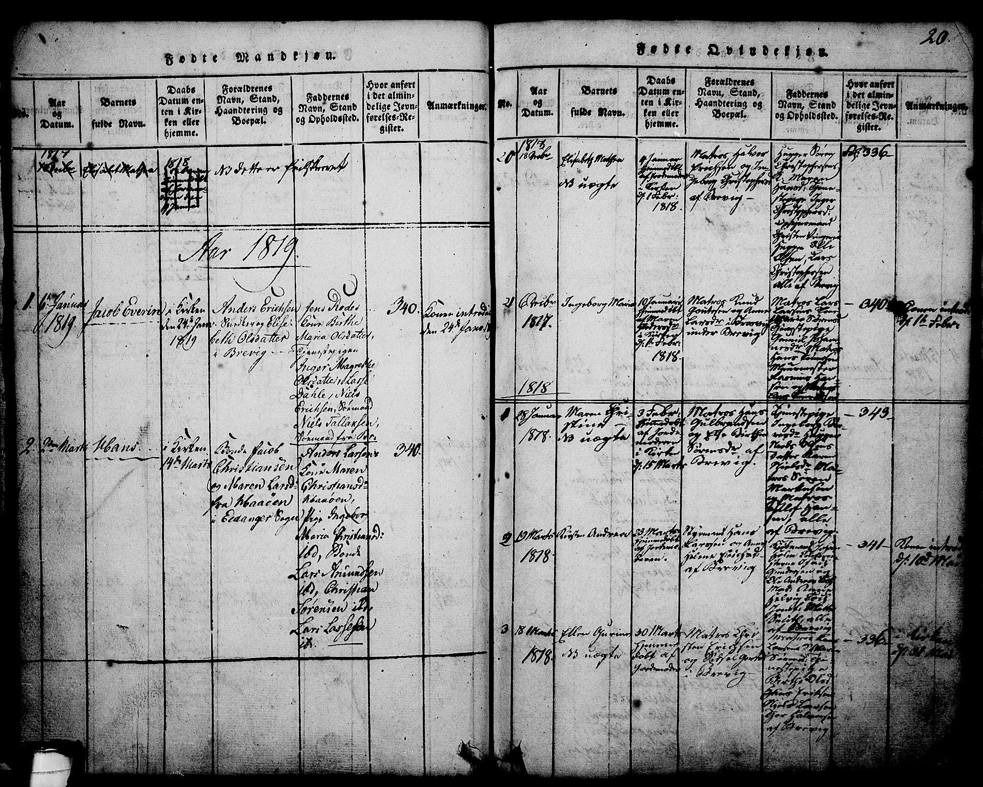 Brevik kirkebøker, AV/SAKO-A-255/G/Ga/L0001: Parish register (copy) no. 1, 1814-1845, p. 20