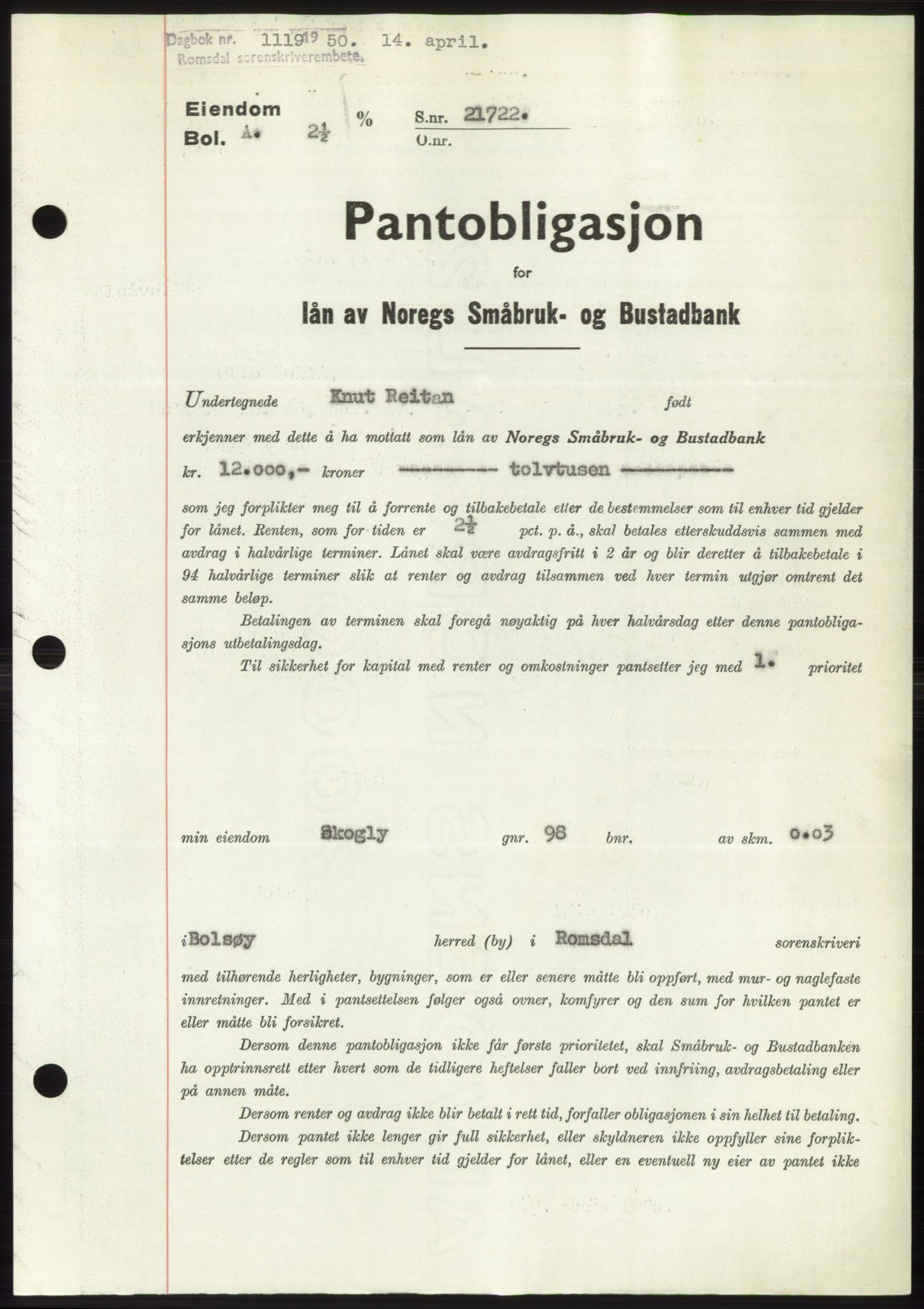 Romsdal sorenskriveri, AV/SAT-A-4149/1/2/2C: Mortgage book no. B5, 1949-1950, Diary no: : 1119/1950