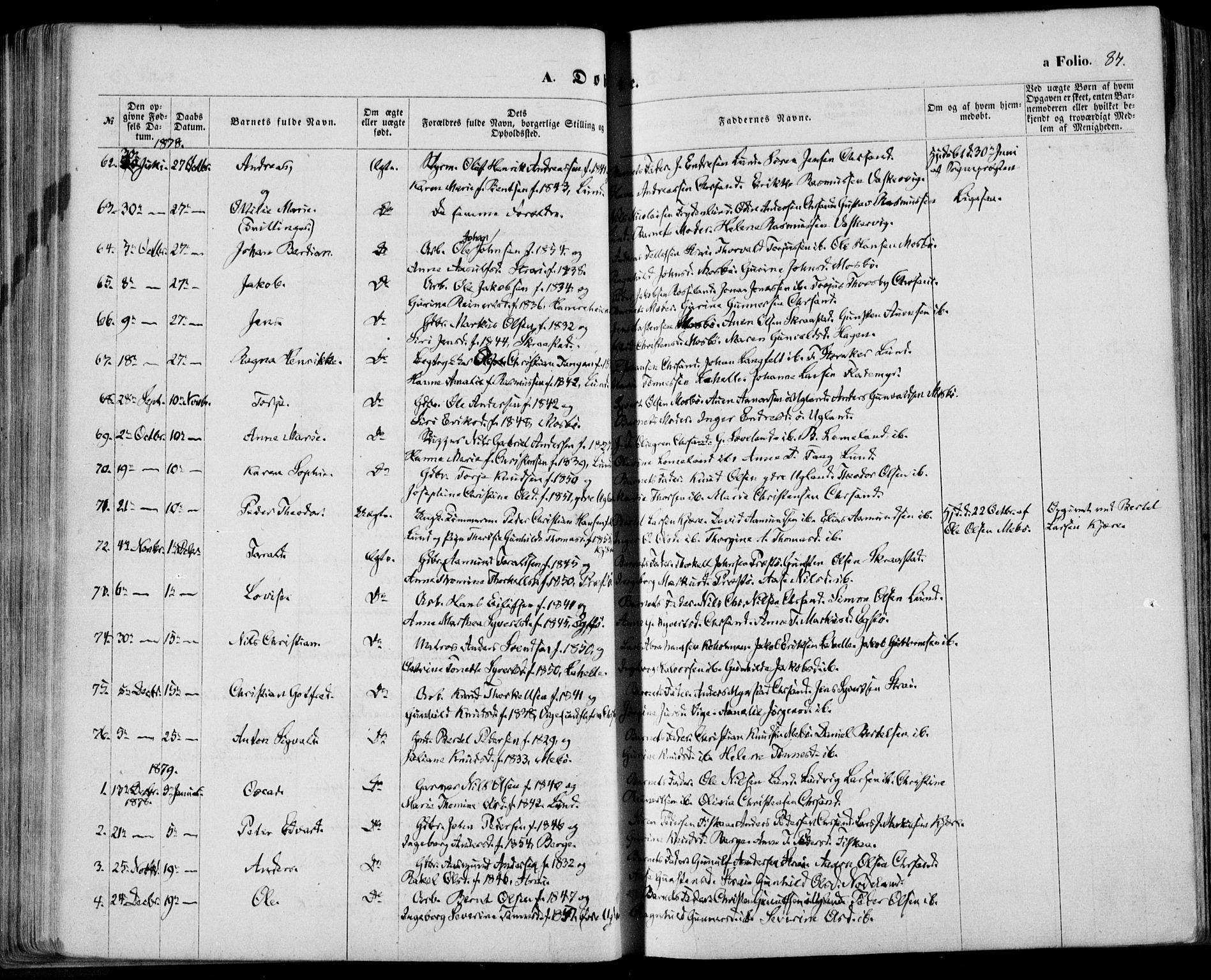 Oddernes sokneprestkontor, AV/SAK-1111-0033/F/Fa/Faa/L0008: Parish register (official) no. A 8, 1864-1880, p. 84