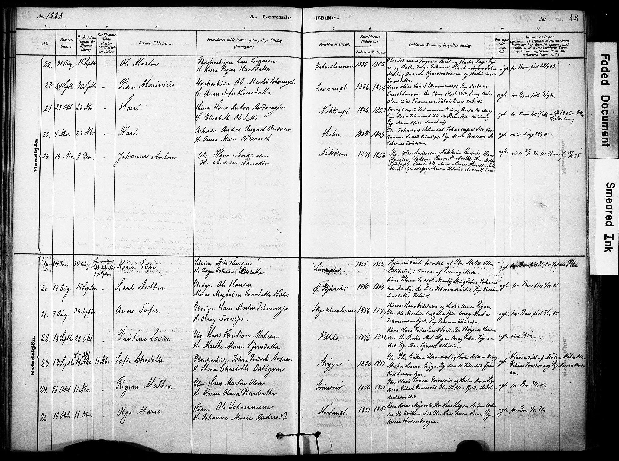 Rakkestad prestekontor Kirkebøker, AV/SAO-A-2008/F/Fb/L0001: Parish register (official) no. II 1, 1878-1899, p. 43