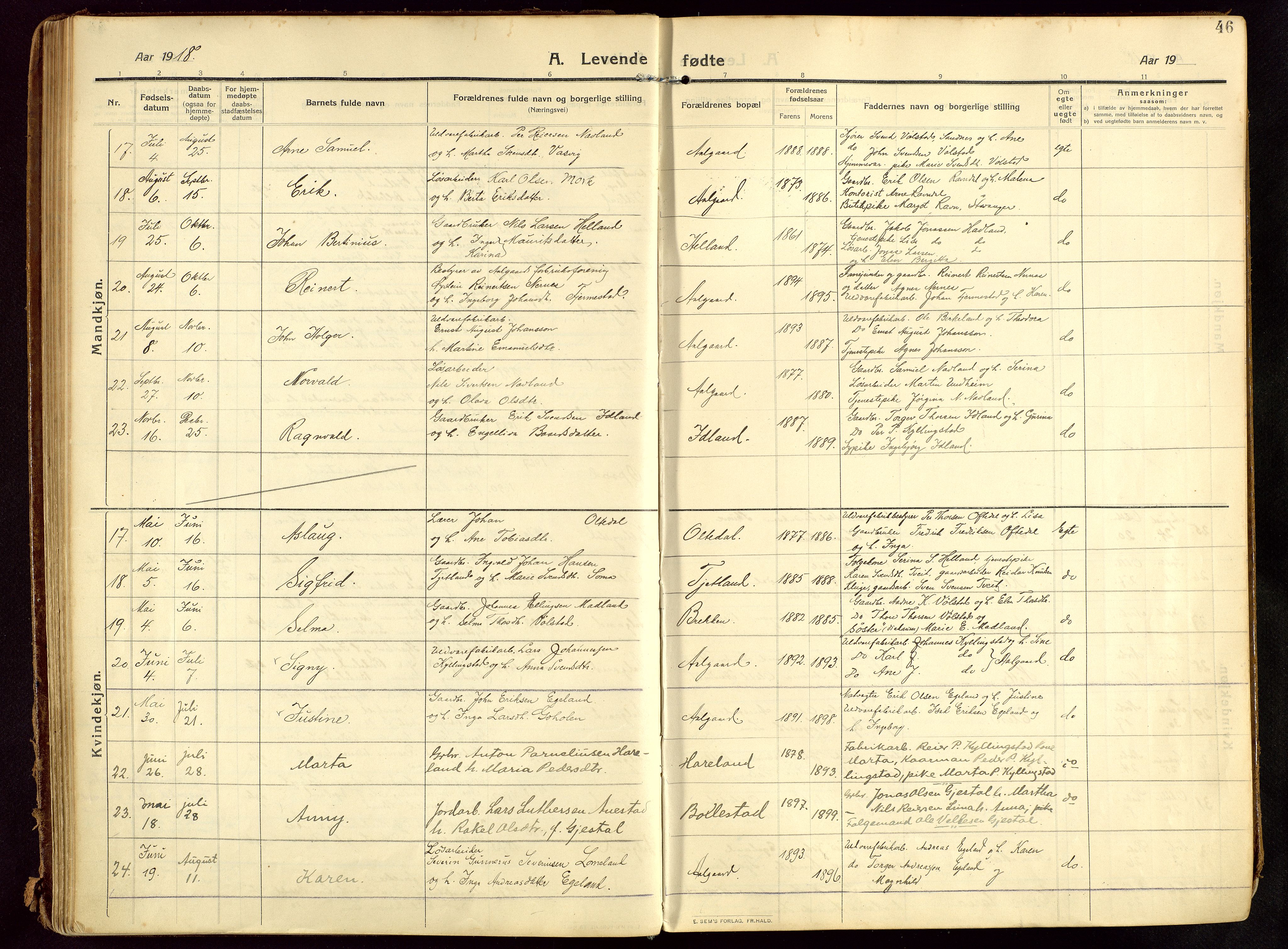 Lye sokneprestkontor, AV/SAST-A-101794/002/B/L0001: Parish register (official) no. A 13, 1910-1925, p. 46