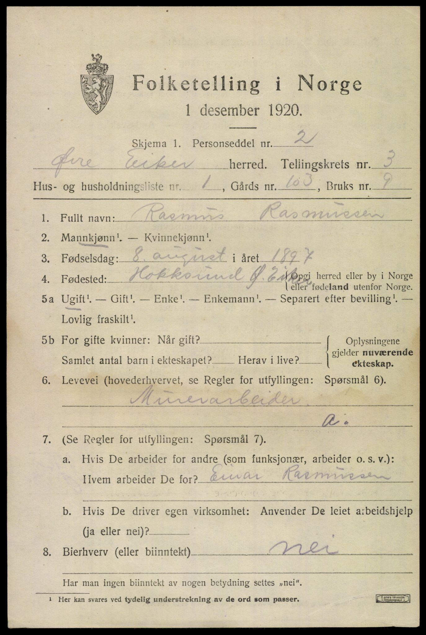 SAKO, 1920 census for Øvre Eiker, 1920, p. 8096