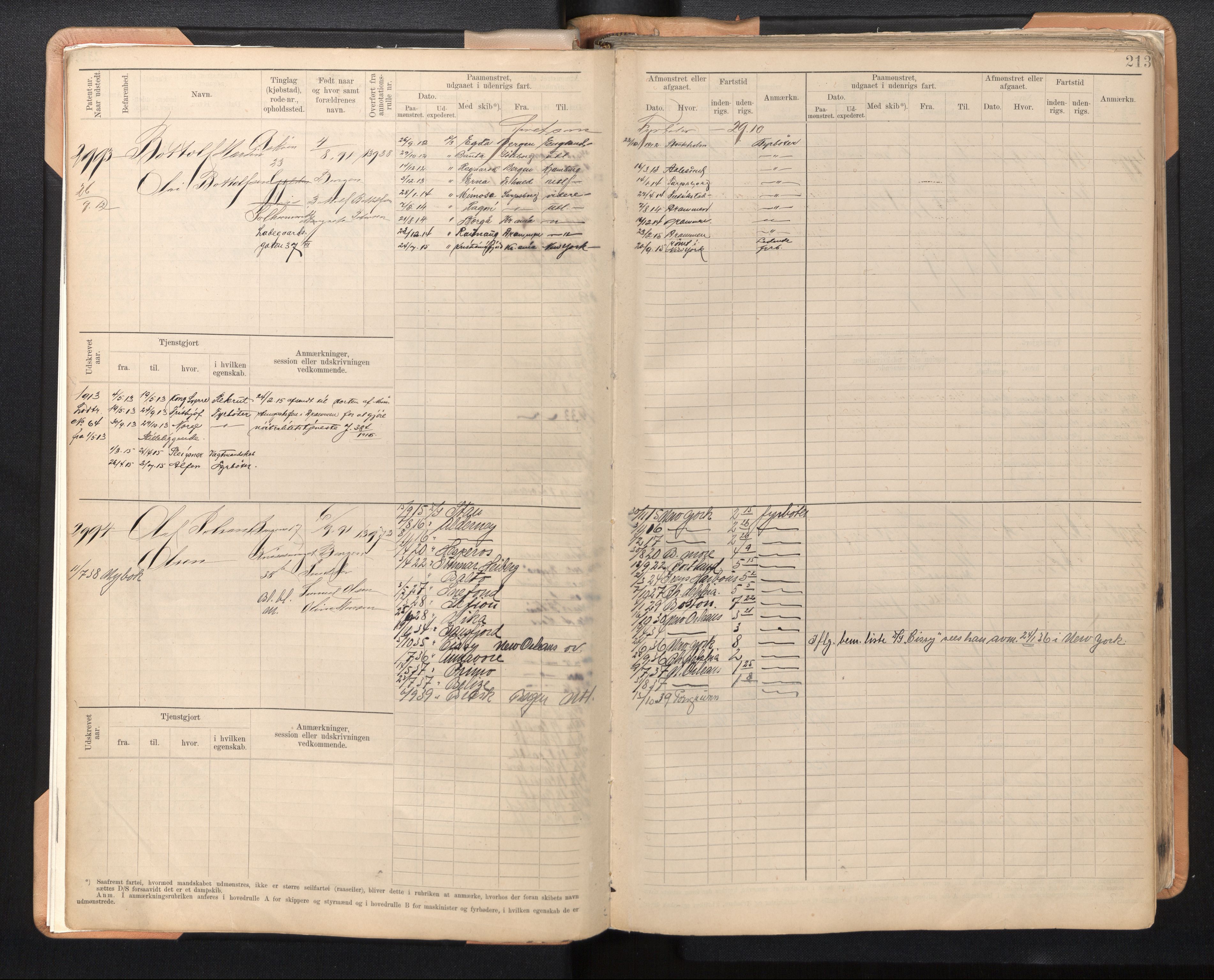 Innrulleringssjefen i Bergen, AV/SAB-A-100050/F/Fe/L0007: Sjøfartshovedrulle B, nr. 2981 - 3426, 1908-1923, p. 213