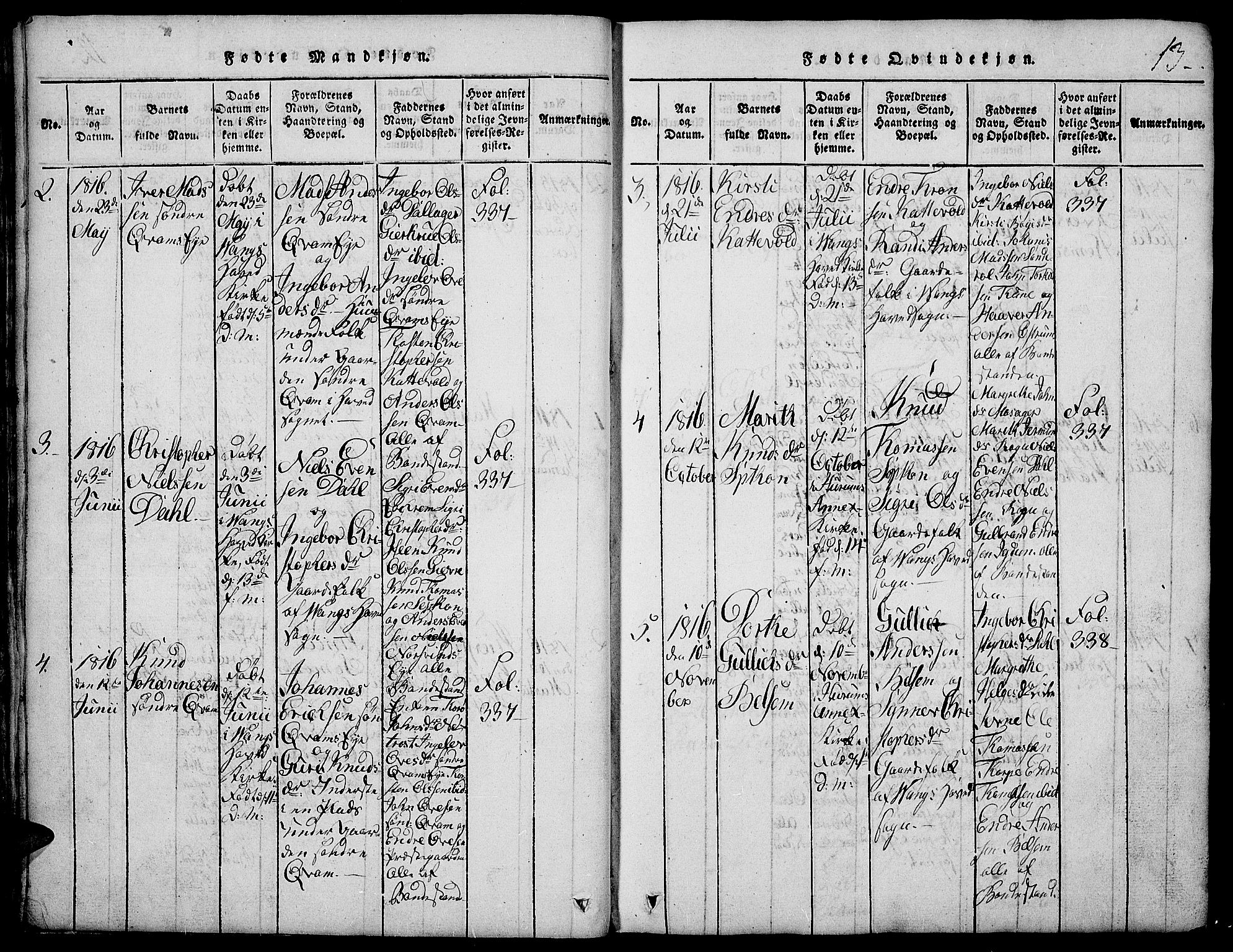 Vang prestekontor, Valdres, SAH/PREST-140/H/Hb/L0002: Parish register (copy) no. 2, 1814-1889, p. 13
