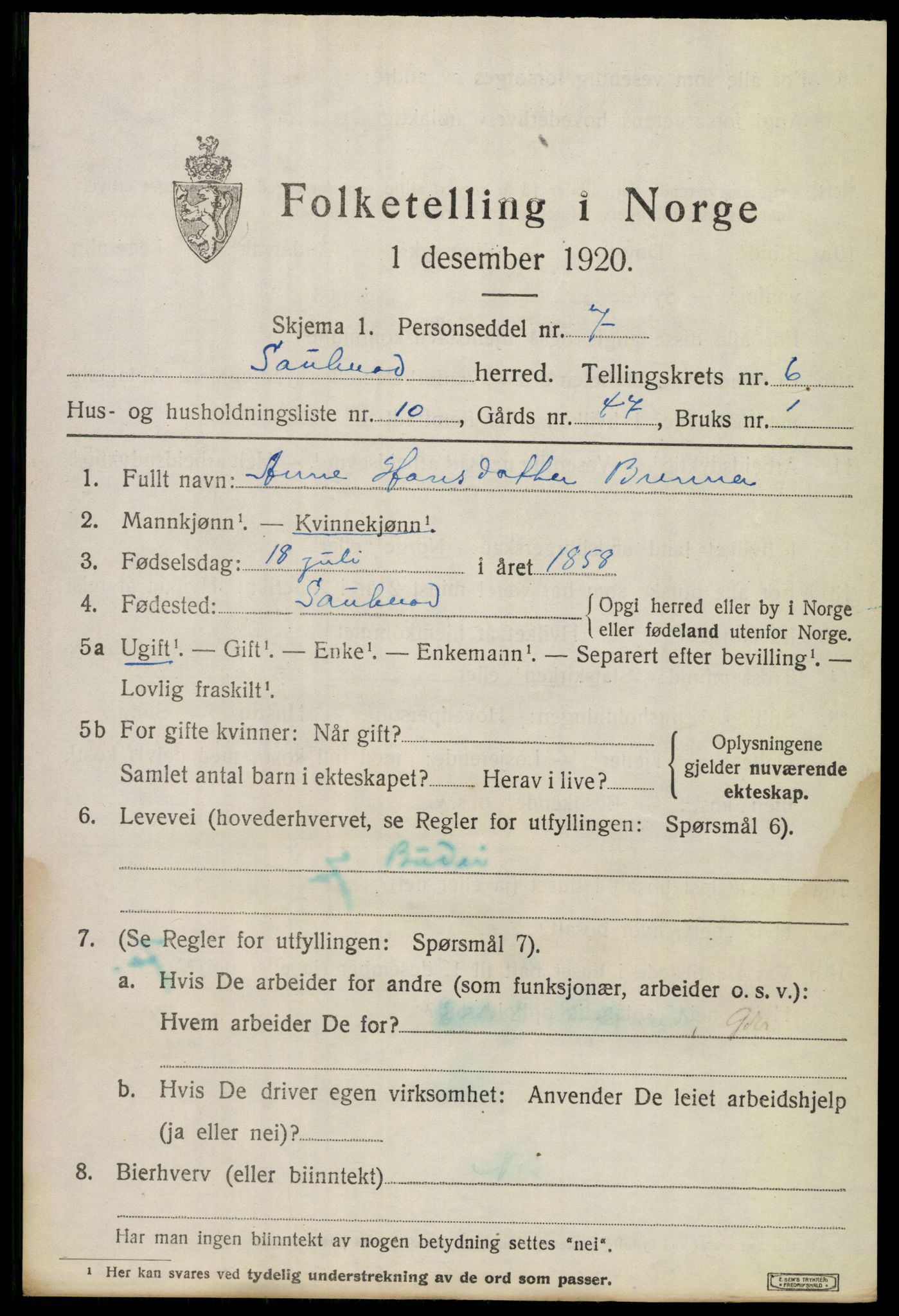 SAKO, 1920 census for Sauherad, 1920, p. 5173