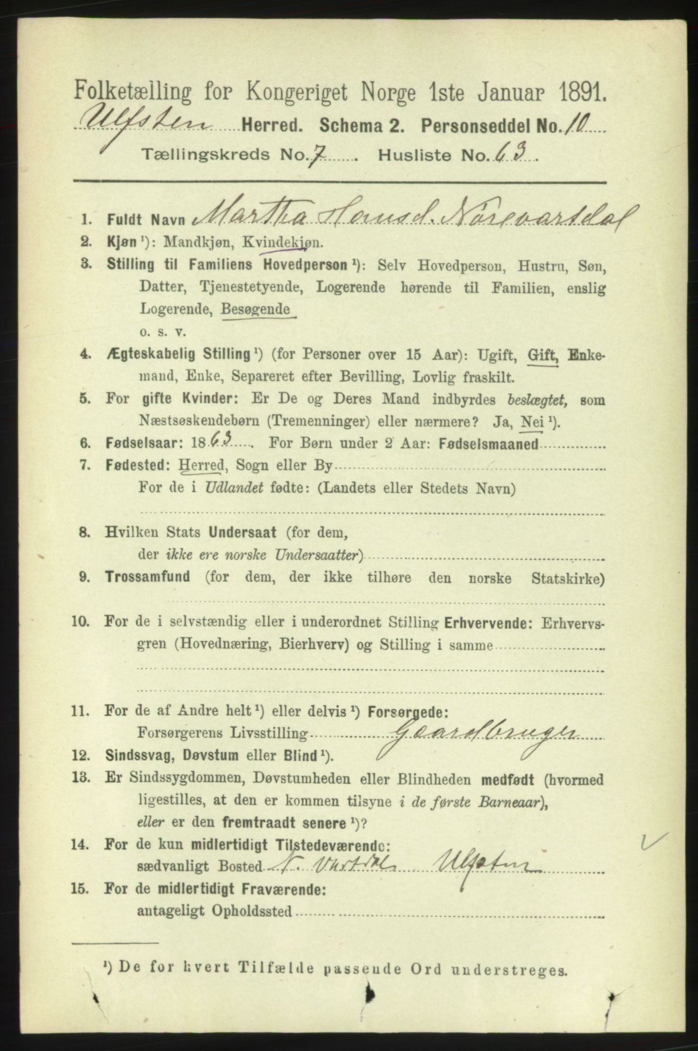 RA, 1891 census for 1516 Ulstein, 1891, p. 2516