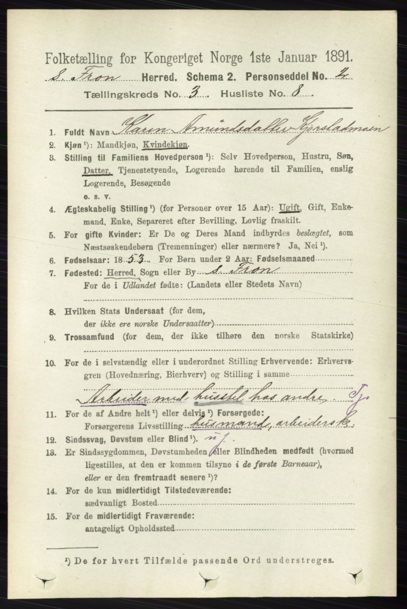 RA, 1891 census for 0519 Sør-Fron, 1891, p. 1007