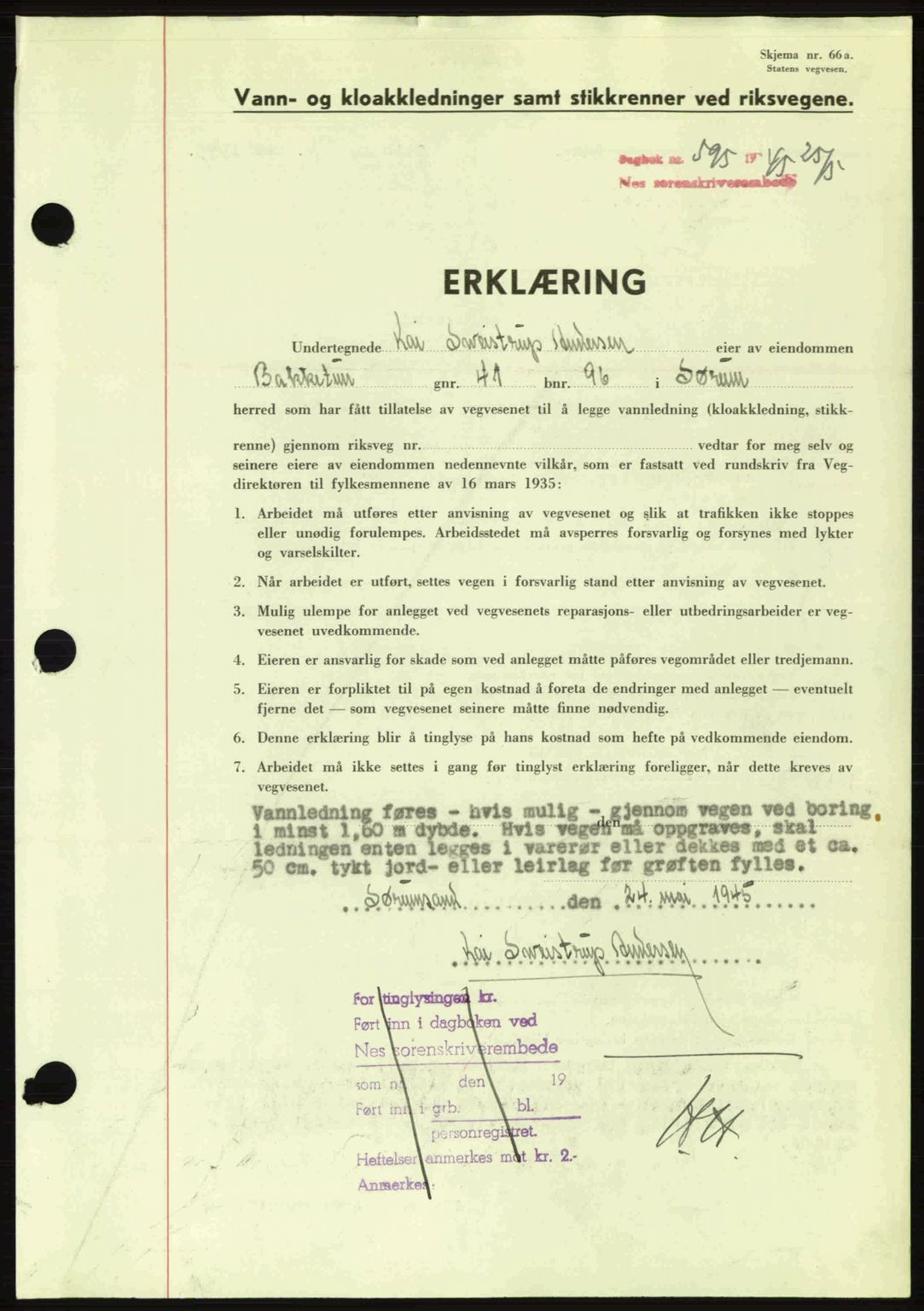 Nes tingrett, AV/SAO-A-10548/G/Gb/Gbb/L0018: Mortgage book no. 62, 1945-1945, Diary no: : 595/1945