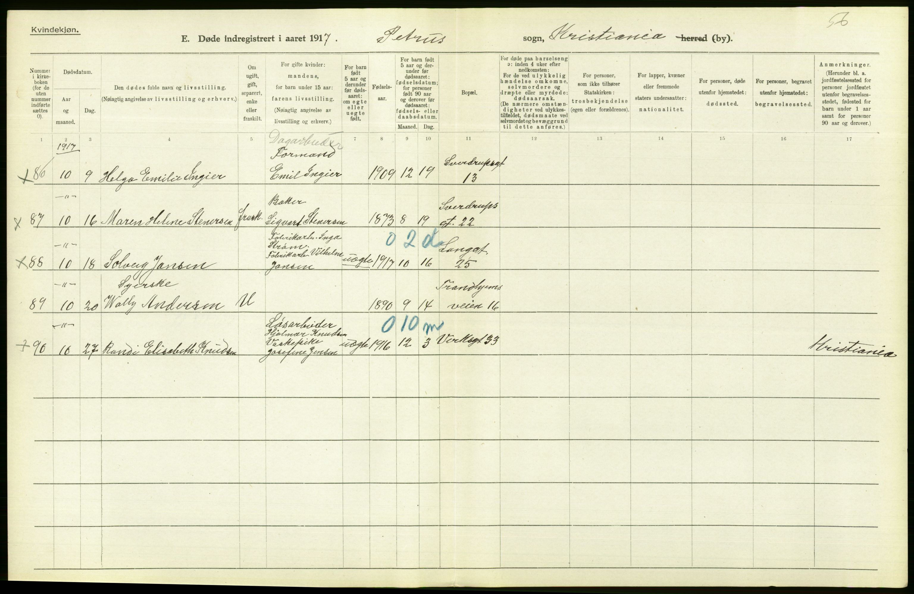 Statistisk sentralbyrå, Sosiodemografiske emner, Befolkning, AV/RA-S-2228/D/Df/Dfb/Dfbg/L0010: Kristiania: Døde, 1917, p. 232