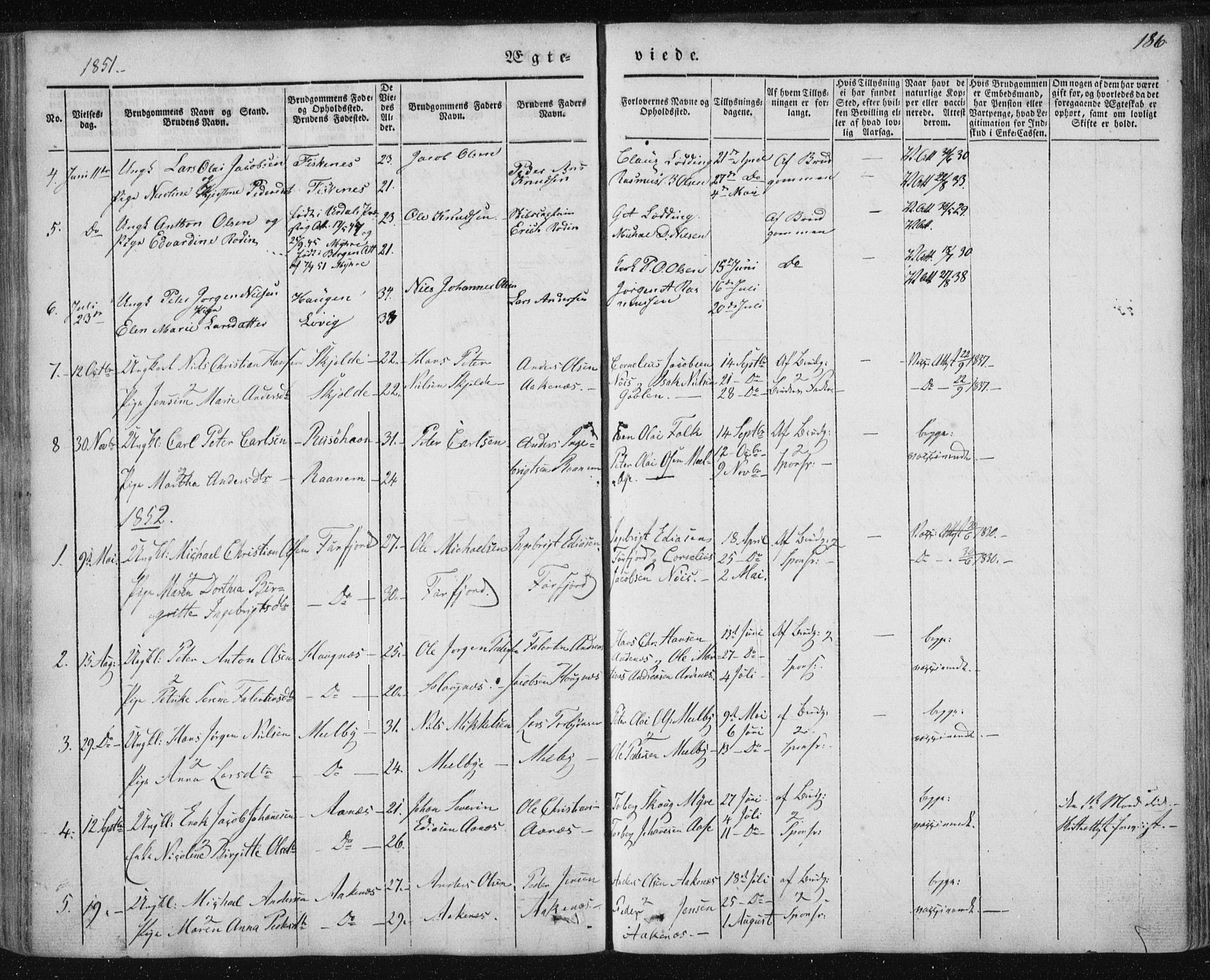 Ministerialprotokoller, klokkerbøker og fødselsregistre - Nordland, SAT/A-1459/897/L1396: Parish register (official) no. 897A04, 1842-1866, p. 186